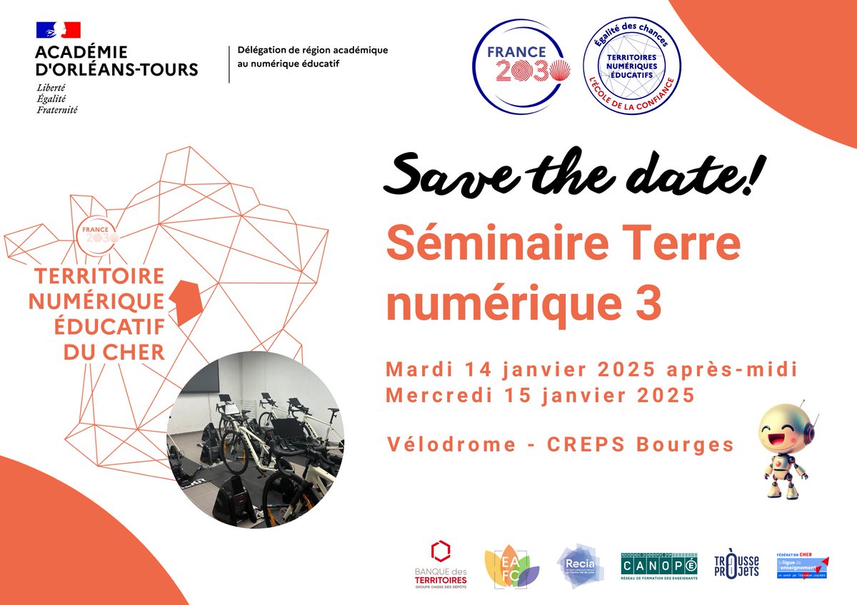 📢 Derniers jours pour s’inscrire au séminaire Terre numérique 2025 #TNE !
Rejoignez-nous les 14 et 15/01 à Bourges
Au programme :  #IA, sport, art &amp; numérique
🗓️Inscriptions avant le 15/12
➡️mardi 14/01/25  extranet.ac-orleans-tours.fr/sofia-fmo-acad…
➡️mercredi 15/01/25 👉 extranet.ac-orleans-tours.fr/sofia-fmo-acad…