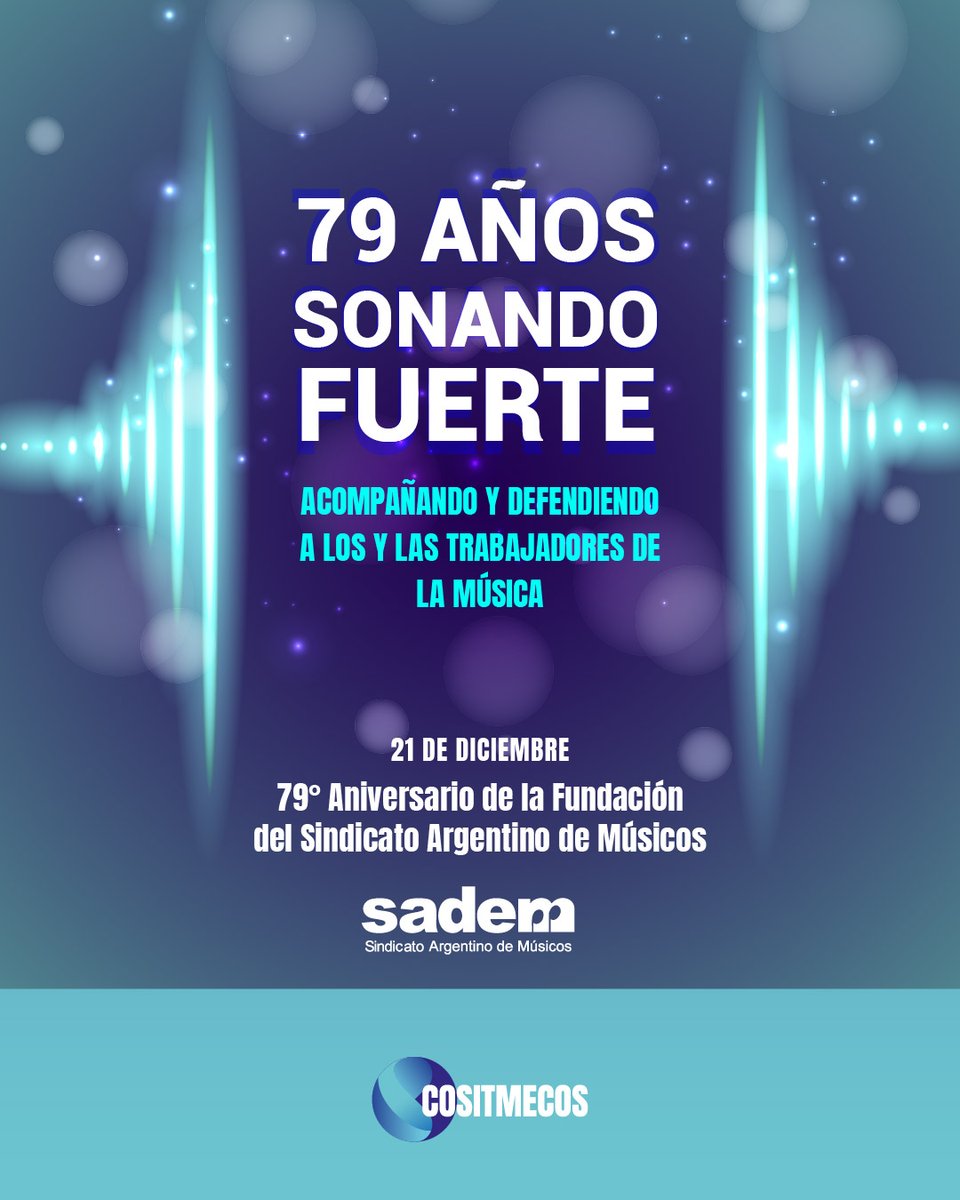 CositmecosOK's tweet photo. 🎶Hoy saludamos a quienes trabajan creando, interpretando y produciendo música. Pero por sobre todo a quienes defienden todos los días este trabajo. 
Por los derechos de cada uno de ellos💪

¡Feliz 79° Aniversario SADEM! 🎵💙

#SADEM #musicosargentinos #interpretesmusicales https://t.co/fY8LnZtYda
