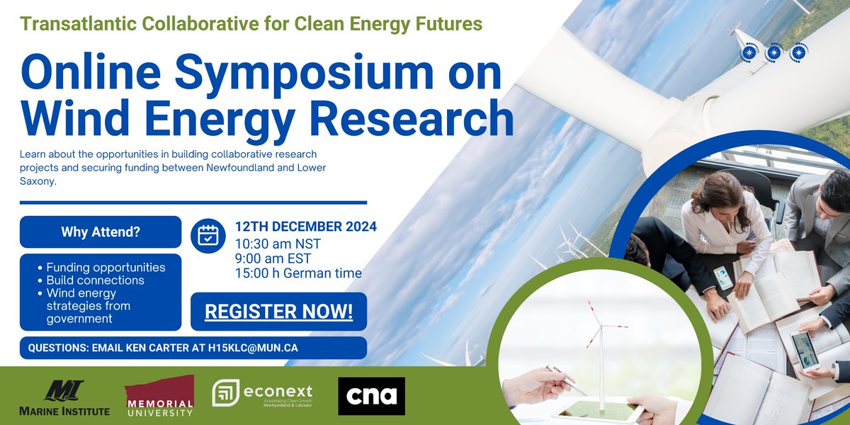 The Transatlantic Collaborative for Clean Energy Futures invites you to attend an Online Symposium on Wind Energy for Newfoundland and Labrador and Lower Saxony Collaboration
Register here: mun.webex.com/weblink/regist…