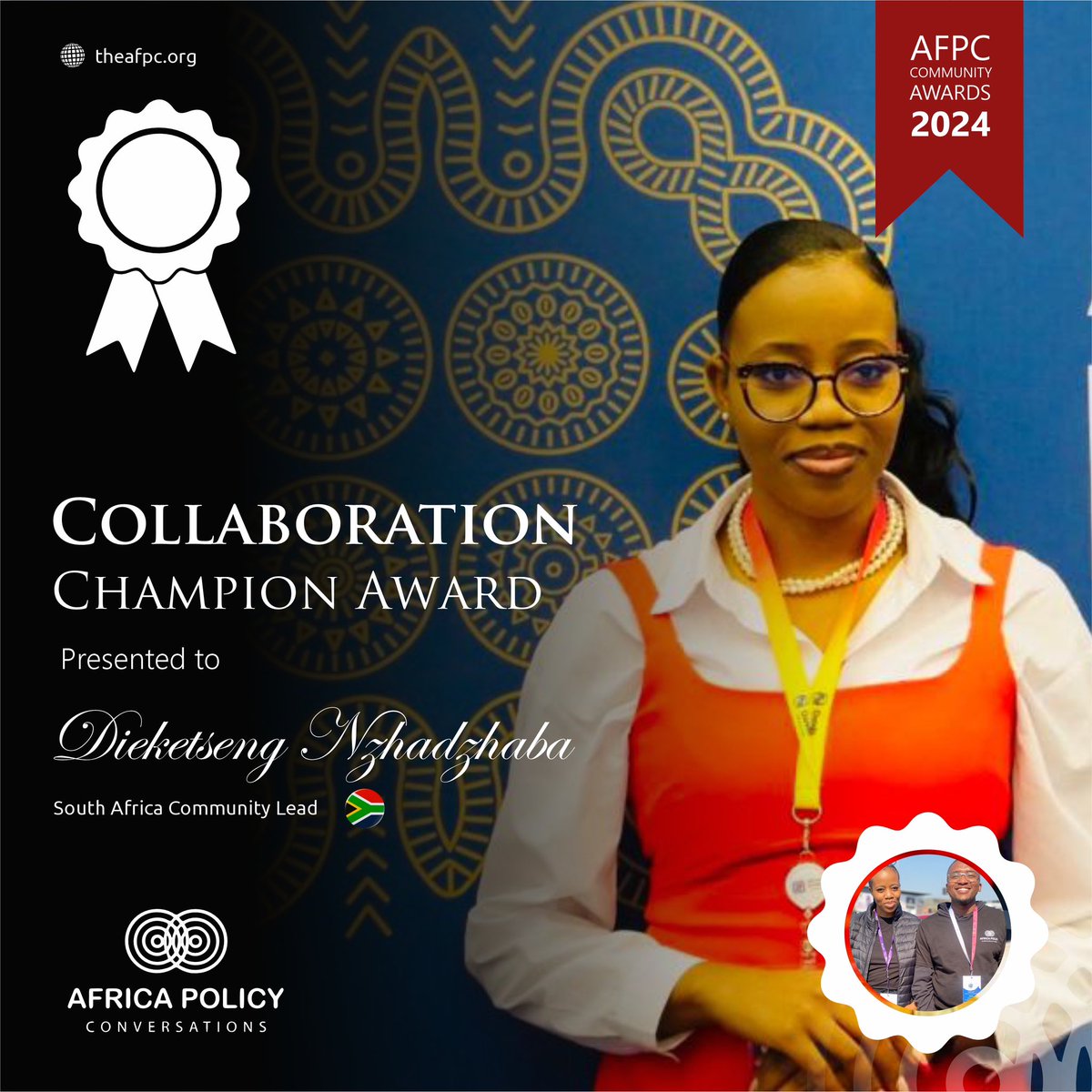 LetsTalkPolicy_'s tweet image. 🏆 Collaboration Champion Award 🏆

Congrats to Dieketseng Nzhadzhaba! 🎉
As AFPC’s South Africa Community Lead, she’s driving change through partnerships and initiatives like SA Elections Observation and SA Decides Webinar.

Thank you for your impact! 🌍✨ #AFPC