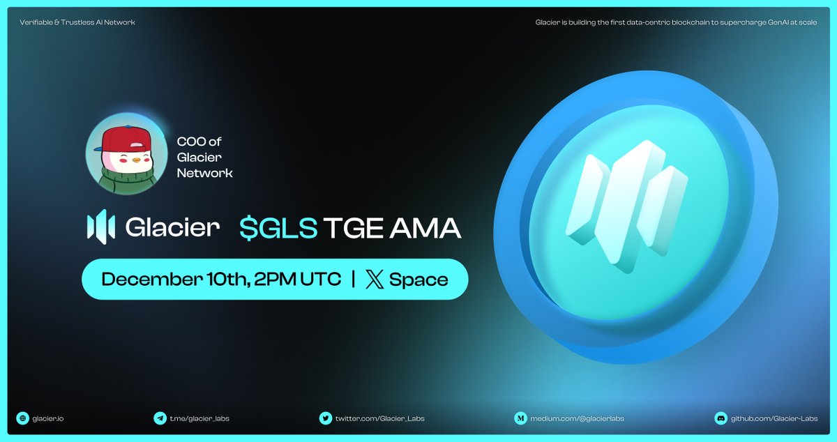 Glacier Network 🧊 $GLS (@glacier_labs) on Twitter photo Tired of texting?
Join us on Twitter Spaces for a live & interactive discussion where we’ll dive into everything $GLS:
🧊 Updates on $GLS sale
🧊 Latest Glacier developments
🧊 Insights into the future of AI-powered crypto
🎙️ 👉 x.com/i/spaces/1vOxw… Tired of texting?
Join us on Twitter Spaces for a live & interactive discussion where we’ll dive into everything $GLS:
🧊 Updates on $GLS sale
🧊 Latest Glacier developments
🧊 Insights into the future of AI-powered crypto
🎙️ 👉 x.com/i/spaces/1vOxw…