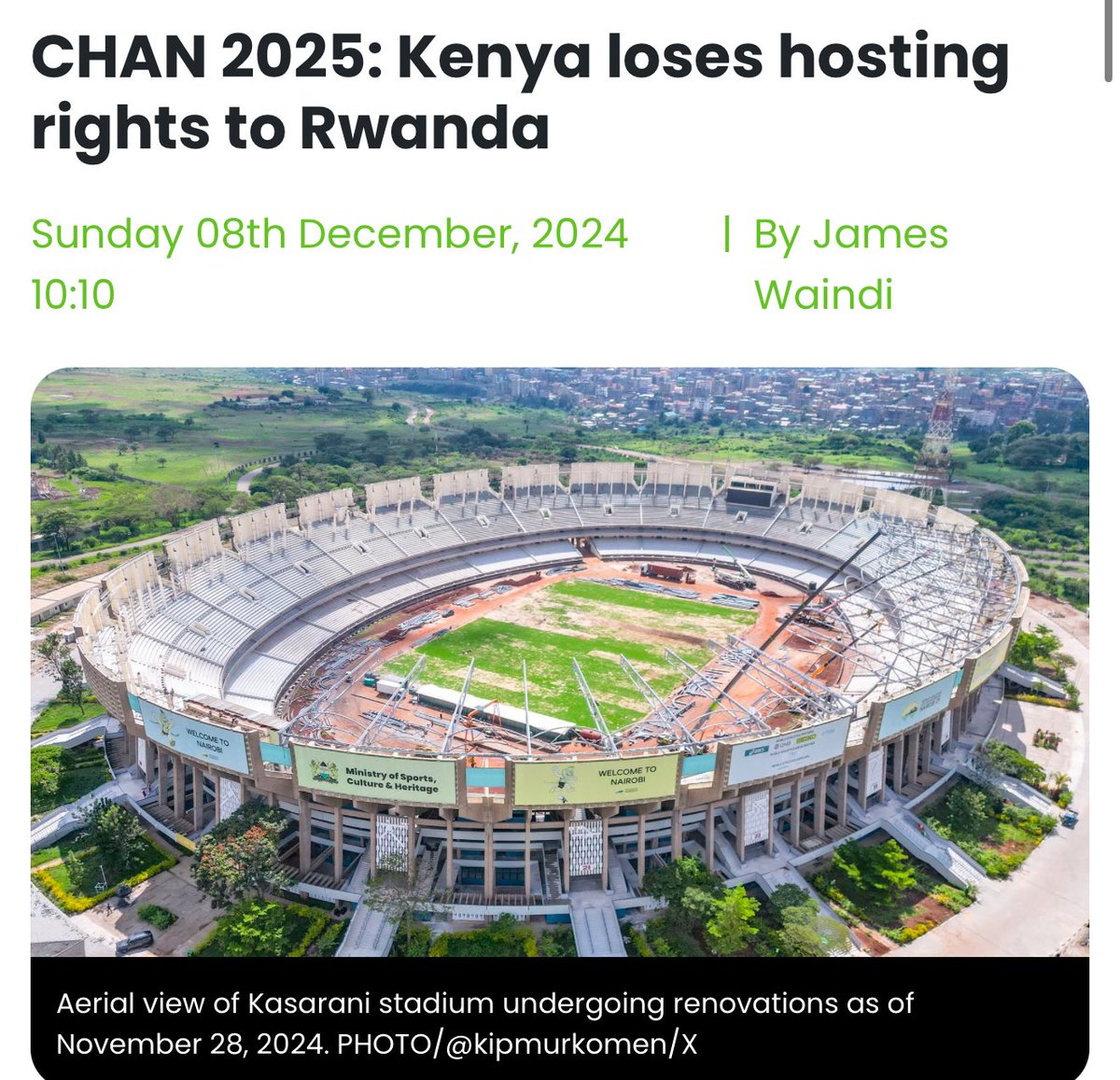 EricNjiiru's tweet photo. New: Kenya 🇰🇪 has lost CHAN 2024 hosting rights to Rwanda due to a lack of ready stadiums.
Rwanda 🇷🇼 has been given the go-ahead to co-host the competition with Tanzania 🇹🇿 and Uganda 🇺🇬 according to @PeopleDailyKe.

“CAF has decided to pick Rwanda as the replacement of Kenya as a co-host nation alongside Uganda and Tanzania for the CHAN 2025 tournament slated for February 2025 because Kenya cannot beat the December 31 deadline this year to fully complete the renovation of Moi International Sports Centre Kasarani and Nyayo Stadium,” a key CAF official told People Daily.

Sports CS Murkomen was to unveil the steering committee and secretariat on Monday but was postponed to another later date.
