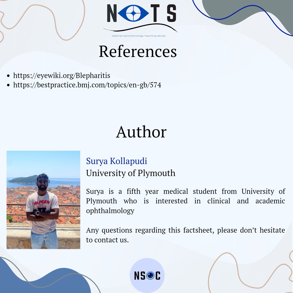 NatOphthalTeach's tweet photo. Another week, another fresh factsheet for your eyes to feast on!

This time it's on Blephritis!

Look through our fact sheet for a quick overview of the condition made by our committee members.

Any questions don’t hesitate to contact us ☺️

#ophthalmology #medicine #teaching https://t.co/3KYNzXTdi4