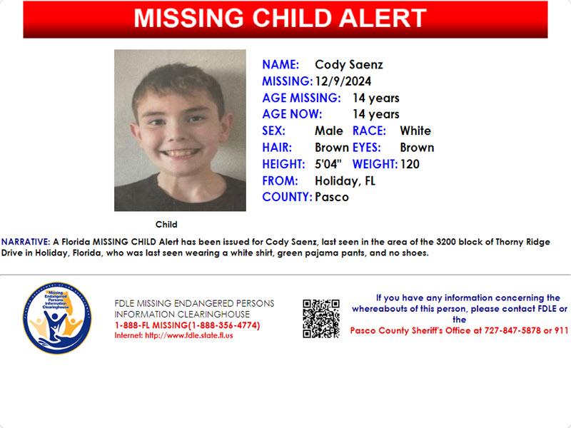 PLEASE SHARE! A Florida MISSING CHILD Alert has been issued for Cody Saenz, 14 years old, last seen in Holiday, Florida. 
If you have any information, contact the Pasco County Sheriff's Office at 727-847-5878 or 911.