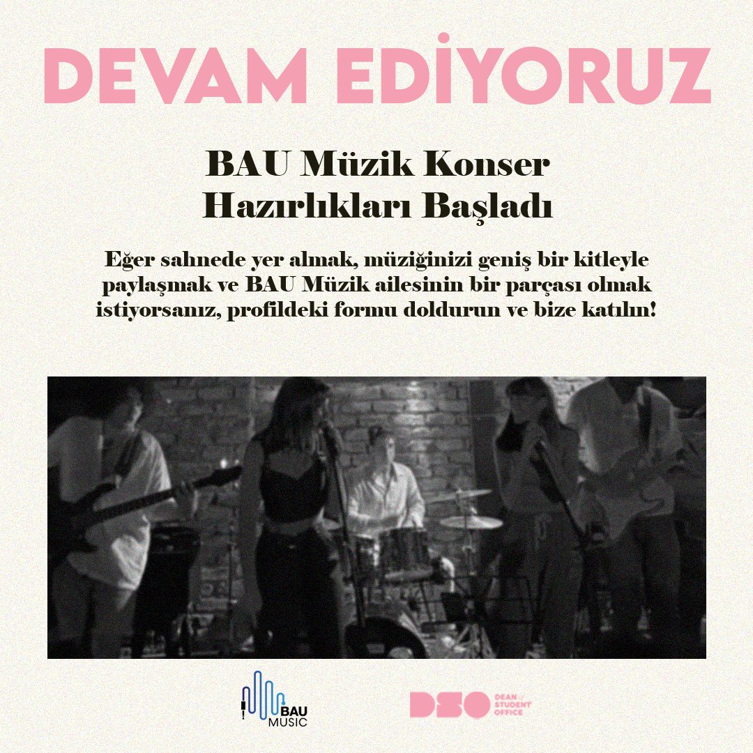 BAU Müzik olarak, ilerleyen zamanlarda gerçekleştireceğimiz etkinlik ve konserler için hazırlıklarımız devam ediyor! 🎶

Tarihi sürpriz olmakla beraber, yakın zaman içerisinde bir konser planımız var ve hepinizi orada görmek istiyoruz. 🎸🎉 

forms.gle/2RNWsBtB34cLcw…