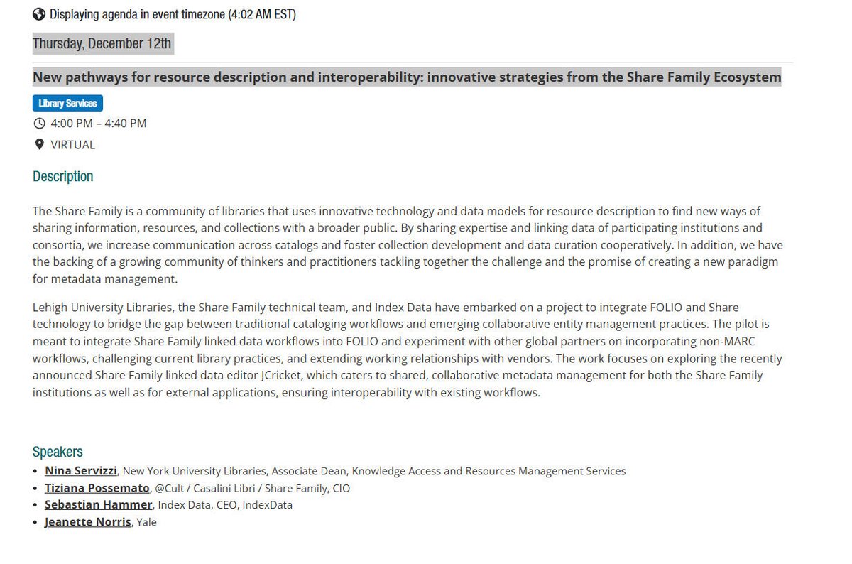 CasaliniLibri's tweet image. #LinkedOpenData #libraries #ShareFamily #chsconf2024 
Charleston Conference Virtual Week @chsconf 
Thursday, December 12th
New pathways for resource description and interoperability: innovative strategies from the Share Family Ecosystem