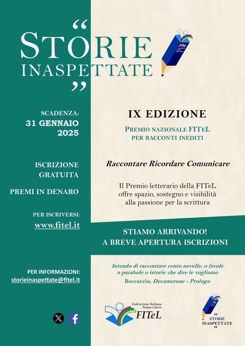 FitelNazionale's tweet photo. 📢🔷 STORIE INASPETTATE IX EDIZIONE: ISCRIZIONI IN ARRIVO!
‼️ISCRIZIONI DISPONIBILI A BREVE per la nona edizione del concorso per racconti inediti della Fitel
🫵 Seguici su sito e social
#Fitel #concorsostorieinaspettate #concorsiperracconti #storieinaspettate https://t.co/6Hf7oR9gIX
