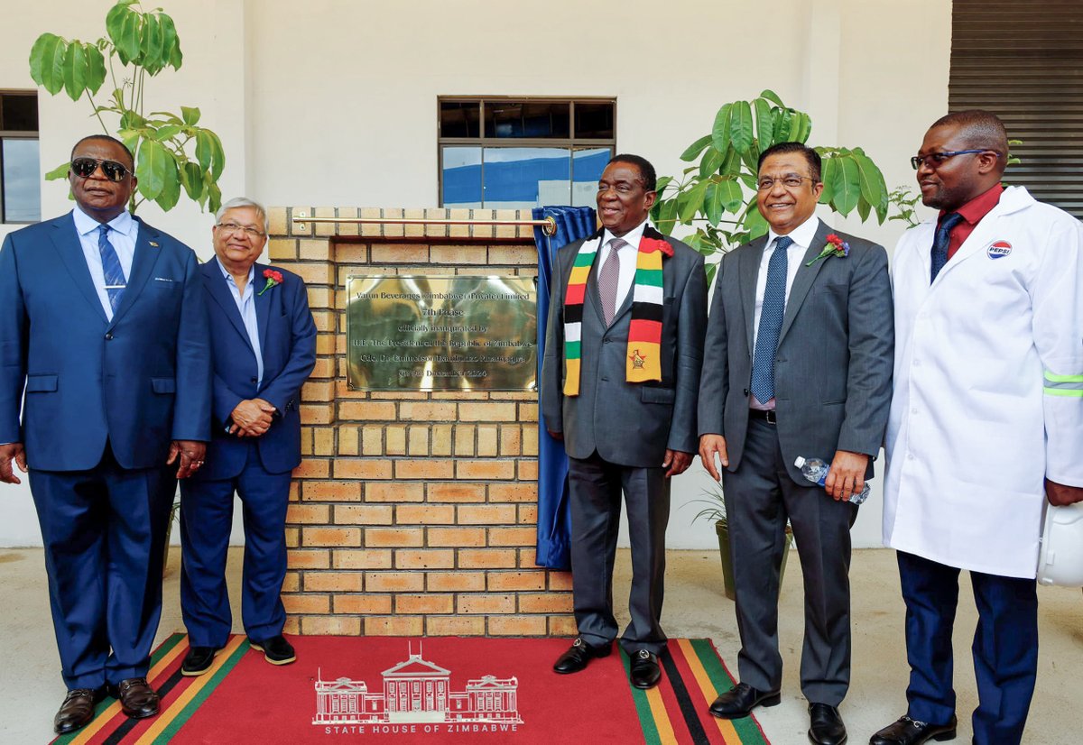 edmnangagwa's tweet photo. I am honoured to commission Varun Beverages’ Phase 6 & 7 production lines and lay the foundation for their new snacks project. Their growth creates jobs, empowers youth and women, and supports local production, aligning with our vision to leave no one and no place behind. #zimbabwe #Vision2030