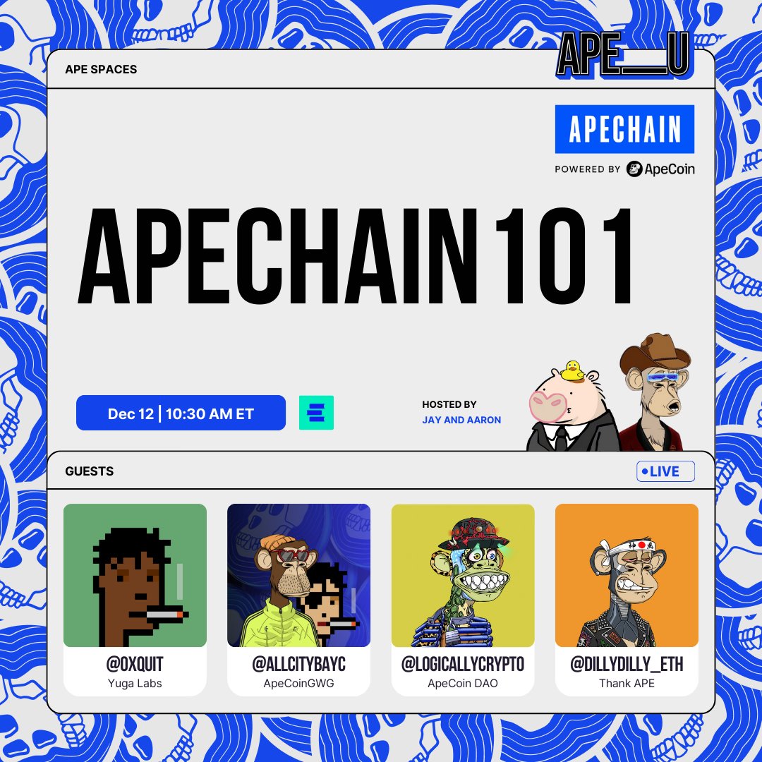 Join us this Thursday, Dec 12th at 10:30 AM ET for a GWG x OC #APE_U Spaces exploring ApeChain 101 and how it’s unlocking new opportunities for builders, creators, and newcomers in Web3!

We’ll dive into onboarding tips, staking APE, community resources, and strategies to drive