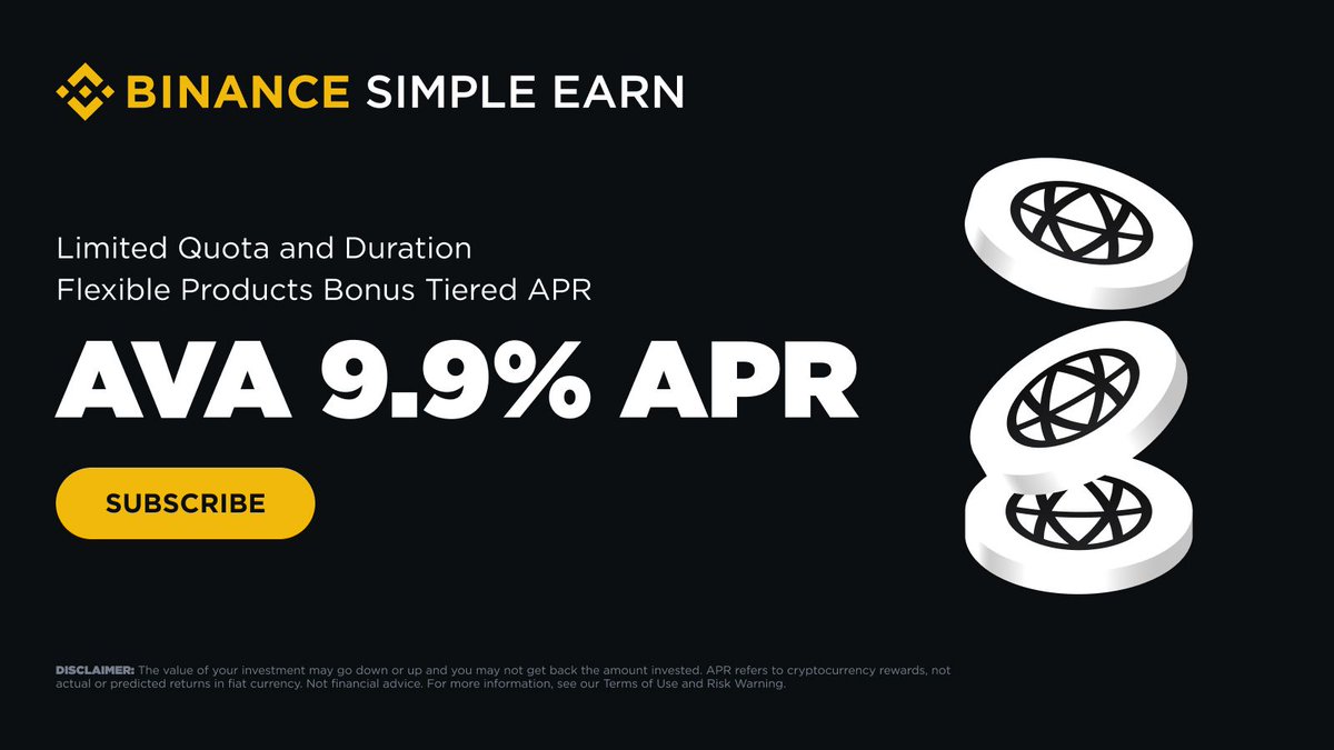 binance's tweet photo. Earn more with $AVA @AVAFoundation Flexible Products! 

Complete your subscription and enjoy up to 9.9% bonus tiered APR! https://t.co/CA8CXhjhDJ