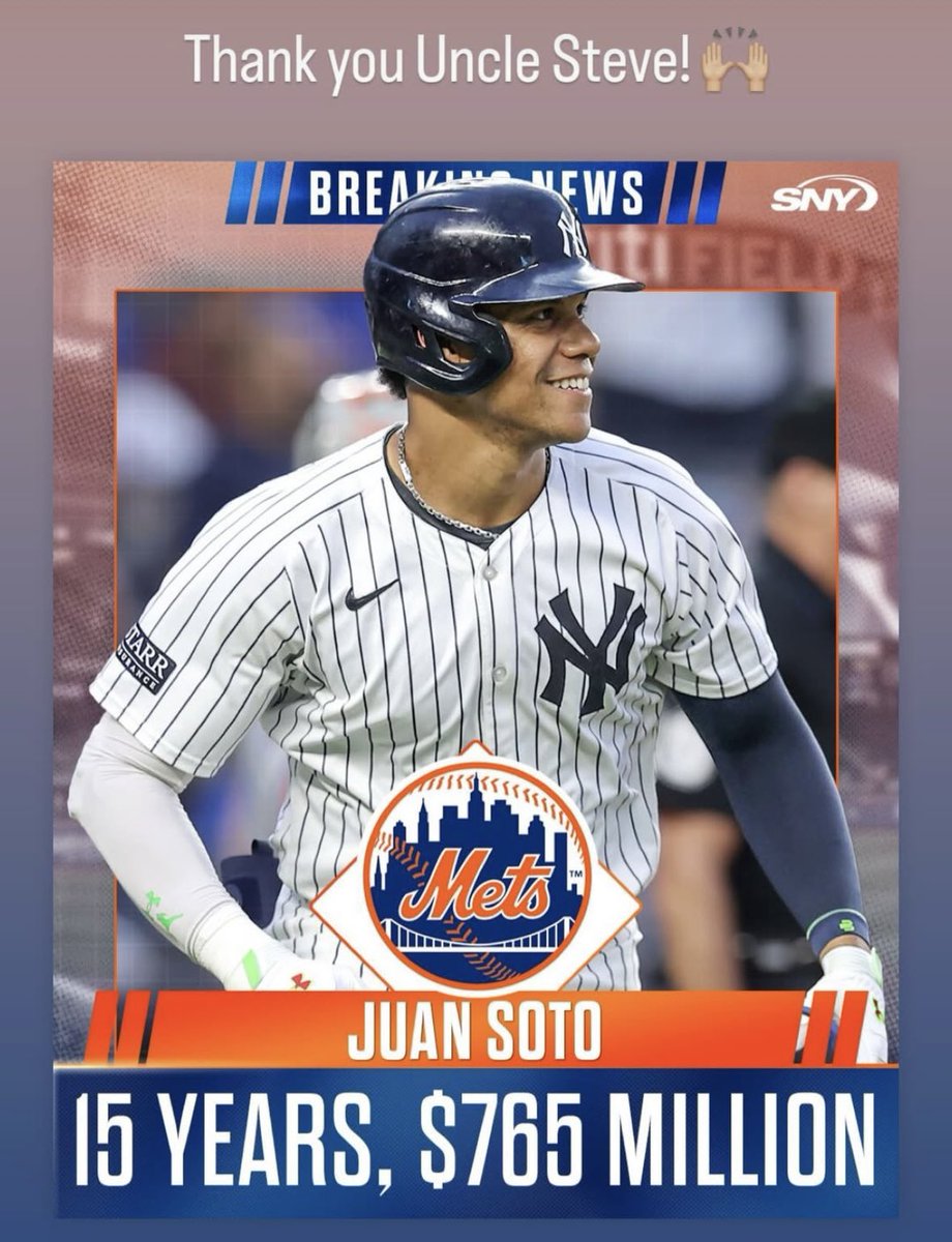 SNY_Mets's tweet photo. Brandon Nimmo reacts to the Mets landing Juan Soto:

“Thank you Uncle Steve! 🙌🏼”

(via IG/bnimmo24) https://t.co/FxKkVUGRpl