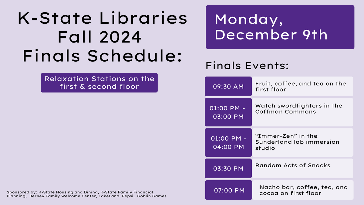 kstatelibraries's tweet photo. Happy Finals Week! The Libraries are ready to help you with any of your studying needs! Finish strong, 'Cats!๐
#kstatelibraries https://t.co/ejPaEi1CWn