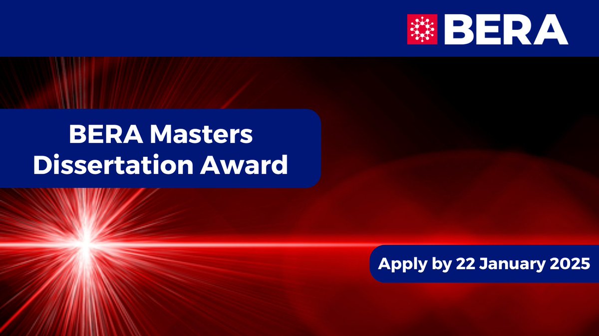 The BERA Masters Dissertation Award is open for applications! 🎓🌟

Every year BERA recognises academic excellence and rigour in research by a Master of Education student. 

Find out more on how to apply: bera.ac.uk/award/bera-mas…