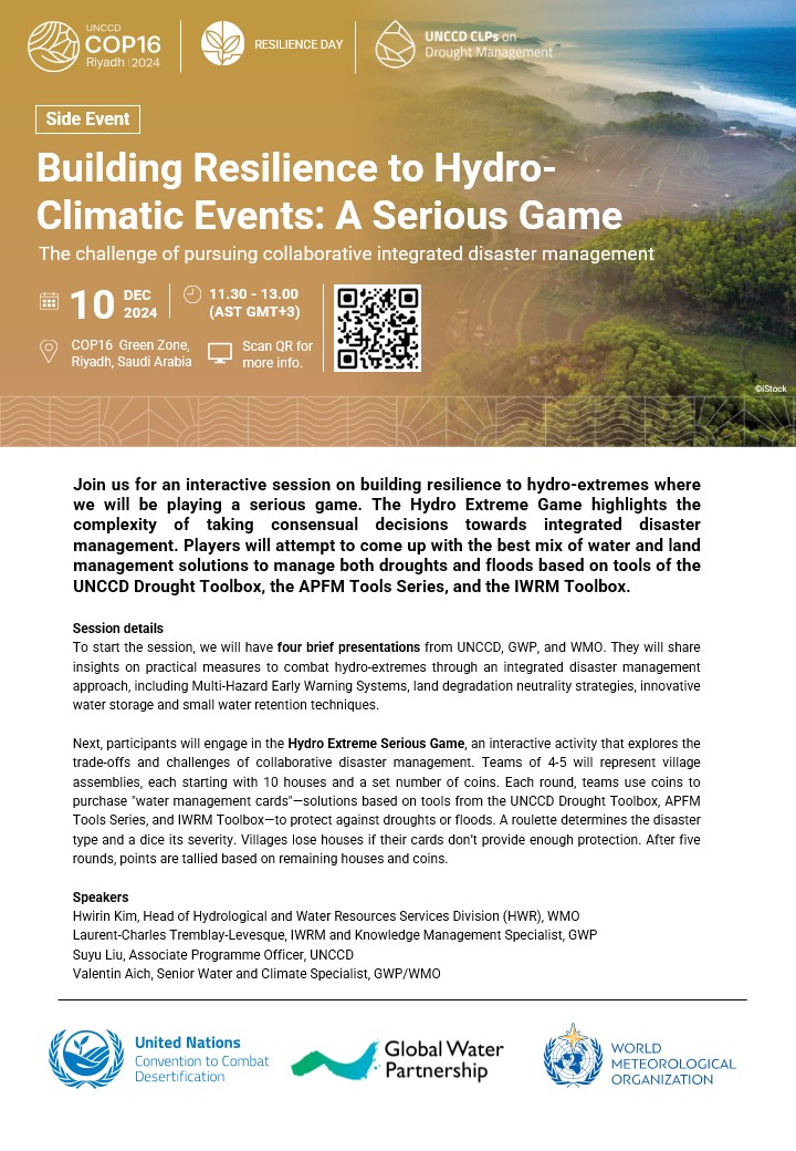 Global Water Partnership (@gwpnews) on Twitter photo Join us at #COP16 for an interactive session convened by GWP, <a href="/UNCCD/">UN Land and Drought</a>, & <a href="/WMO/">World Meteorological Organization</a>. In collaboration with other players, you’ll attempt to keep your village safe by coming up with the best mix of #water and #LandManagement solutions to manage both #droughts and #floods!
#ResilienceDay Join us at #COP16 for an interactive session convened by GWP, <a href="/UNCCD/">UN Land and Drought</a>, & <a href="/WMO/">World Meteorological Organization</a>. In collaboration with other players, you’ll attempt to keep your village safe by coming up with the best mix of #water and #LandManagement solutions to manage both #droughts and #floods!
#ResilienceDay