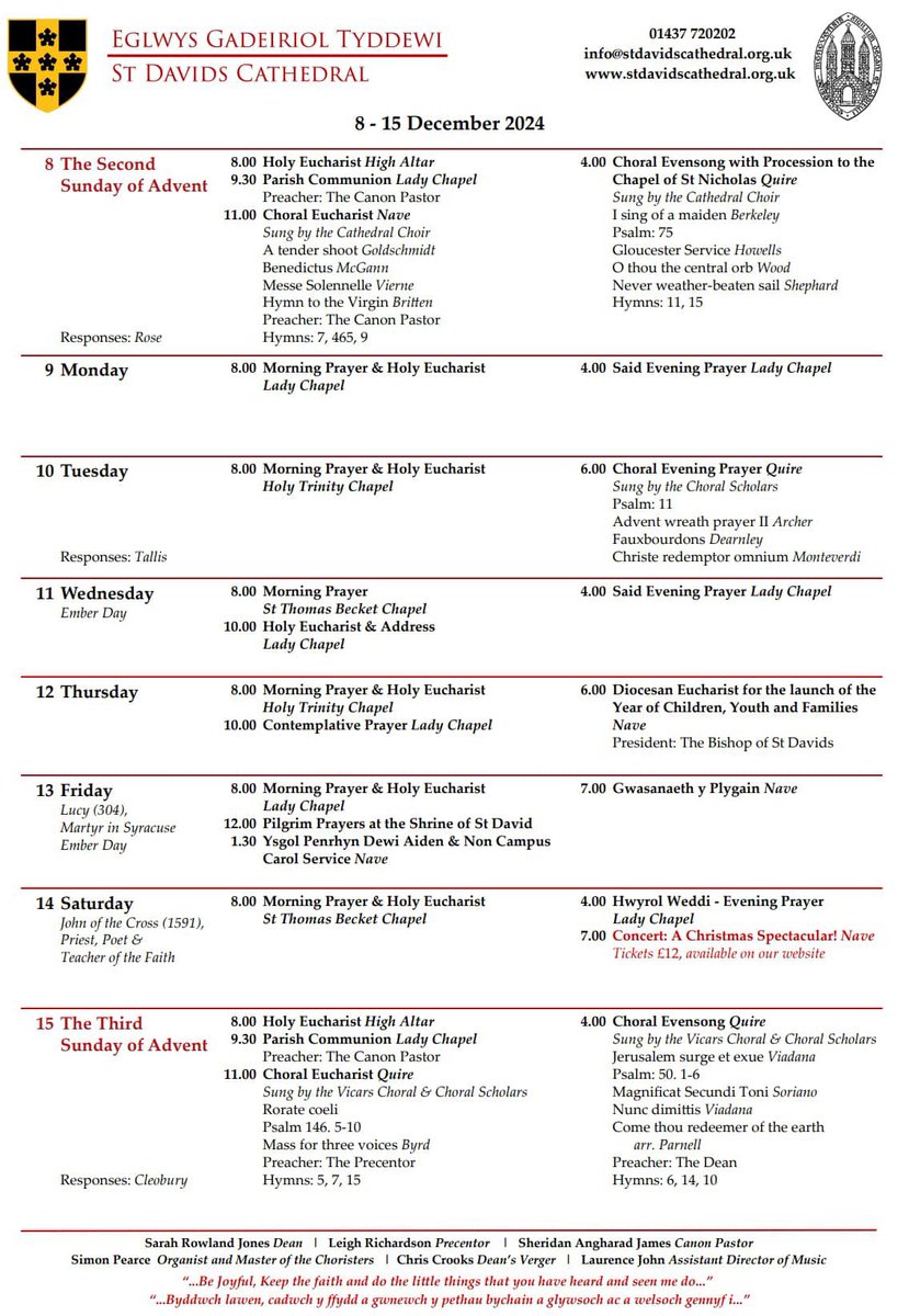 StDavidsCath's tweet photo. This week’s schedule of services and music list. The cathedral choir’s Vicars Choral and Scholars will be singing evensong in Llanrhian Church on Thursday 12th at 6pm #Adfent #Advent https://t.co/FIJ4Sd786k