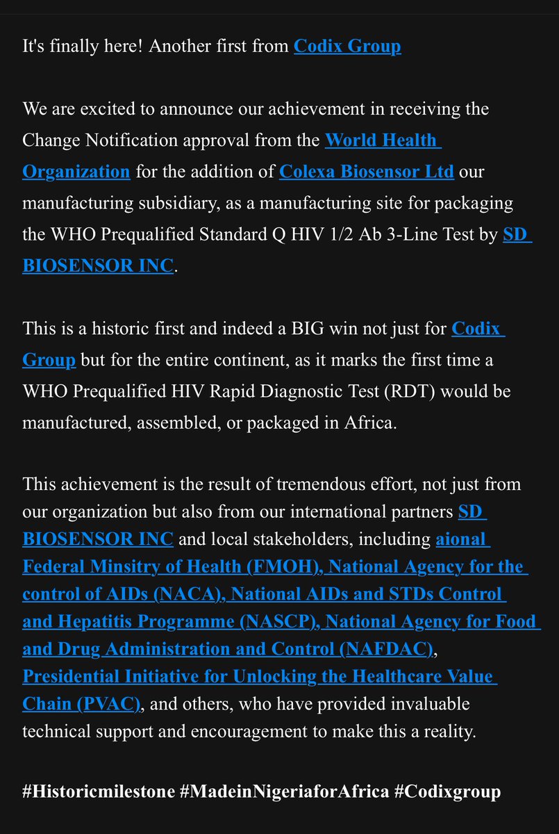 Codix_Pharma's tweet photo. Milestone alert! Codix Group's subsidiary, Colexa Biosensor, becomes 1st African site to receive @WHO approval for packaging HIV RDTs!
#MadeInNigeriaForAfrica #HealthcareInnovation #CodixGroup https://t.co/JyRWUDOzih