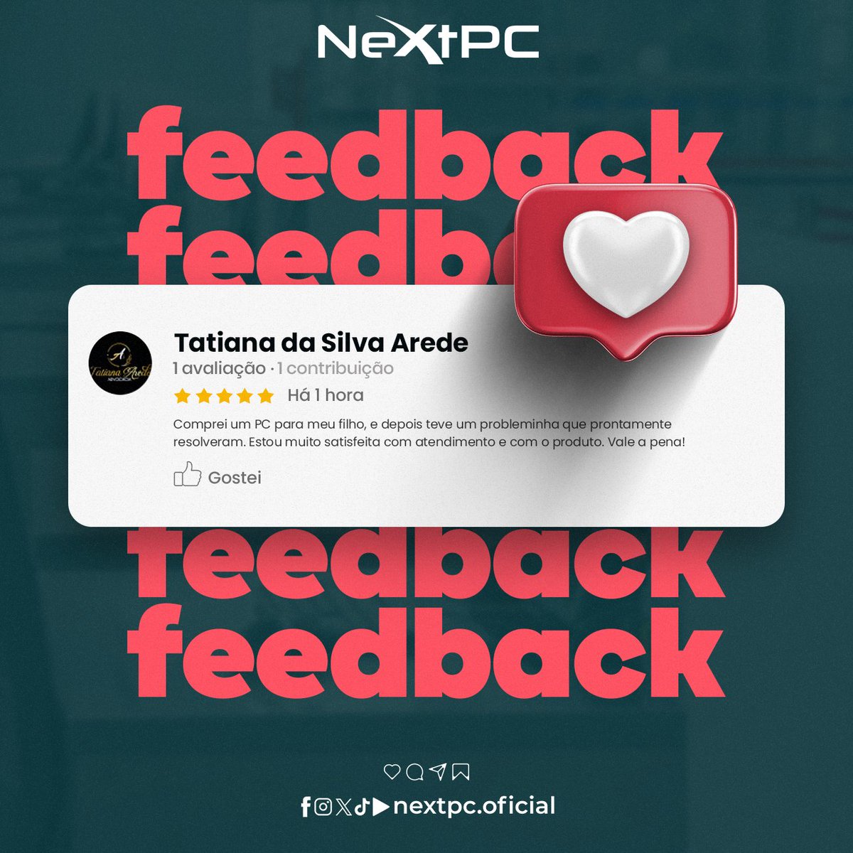 nextpc_oficial's tweet photo. Mais um super Feedback chegando, e o dessa semana é o da nossa cliente e amiga Tatiana da Silva Arede. Muito obrigado pela avaliação positiva certo Tatiana? Ficamos muito felizes em saber que você aprovou o nosso produto e o nosso atendimento. 🥰❤️ #feedback #nextpc #store https://t.co/m7SpLL2QaT