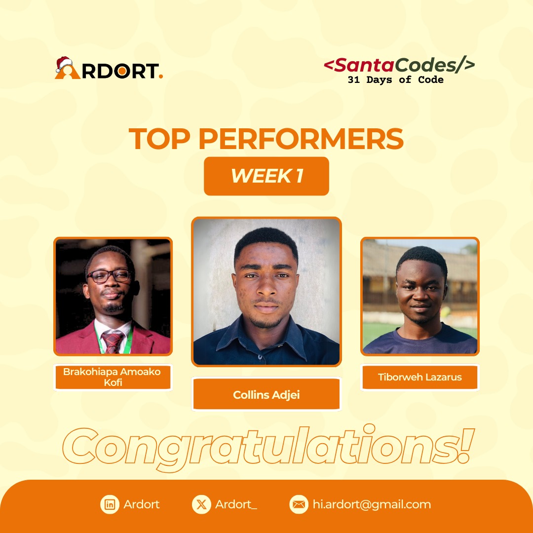 Ardort_'s tweet photo. Week 1 of SantaCodes is a wrap, and we are thrilled to announce our top 3 participants. 🎉🚀

🥇Collins Adjei
🥈 Brakohiapa Amoako Kofi (@ABrakohiapa)
🥉 Tiborweh Lazarus (@OrientedPa)

Yet to see what this week has for us. 

#SantaCodes #TechForGood https://t.co/mRxI7rHFvK