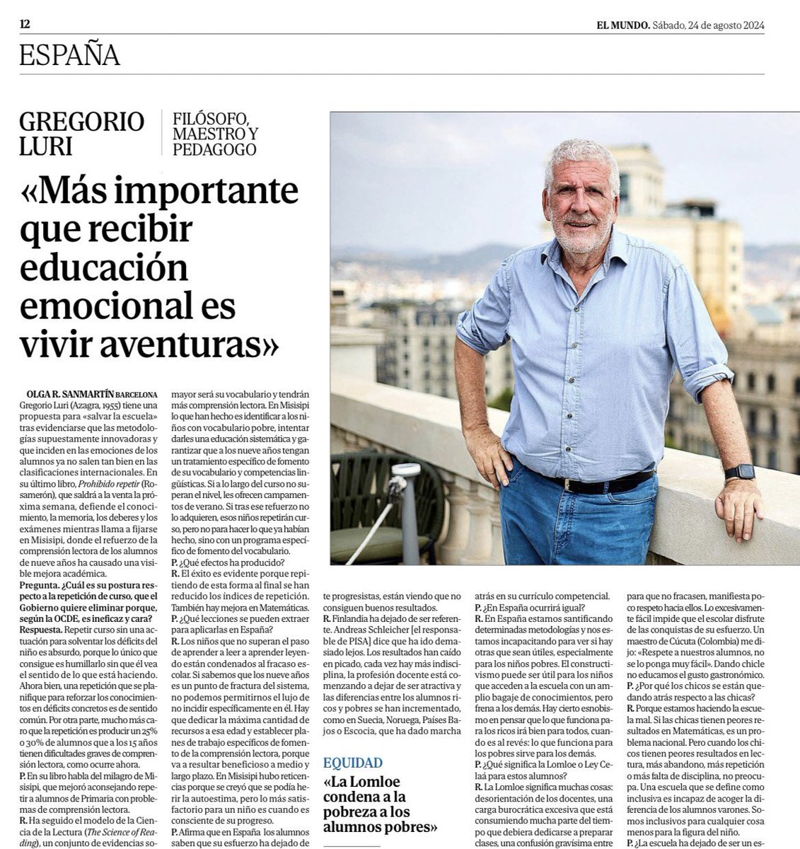 El fracaso escolar es un fracaso lingüístico. Los 9 años es un momento crucial porque los niños pasan de aprender a leer a aprender leyendo. Si no se domina la comprensión lectora, va a ser un lastre en todas las materias. <a href="/GregorioLuri/">Gregorio Luri</a> con <a href="/olgarsanmartin/">Olga R. Sanmartin</a> amp.elmundo.es/espana/2024/08…