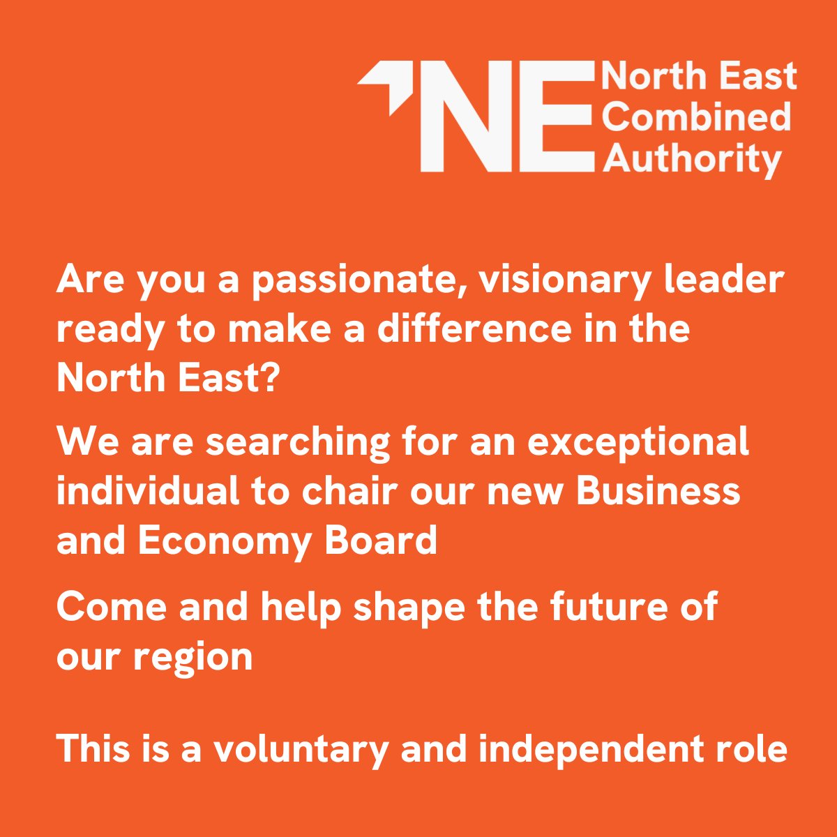 We are searching for an exceptional individual to chair our new Business and Economy Board.

The Chair is a pivotal figure in the North East’s journey towards growth, innovation, and resilience.

Find out more on North East Jobs at > orlo.uk/rf2A8
#NorthEastJobs