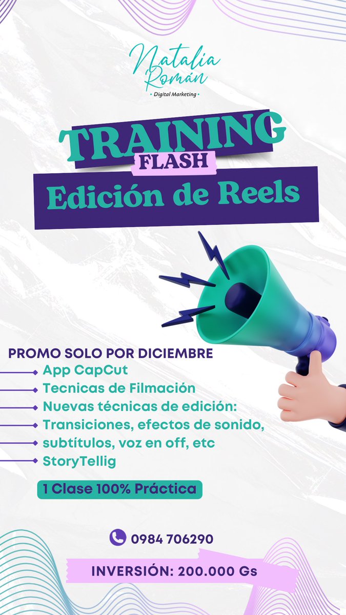 RomanNaty's tweet photo. Este diciembre tenemos un Training Flash para aprender a editar reels en Instagram como un pro. 🎥✨

📍 1 clase práctica
💰 Inversión: 200.000 Gs
📞 Inscribite al 0984 706290

¡Cupos limitados! 🚀 https://t.co/RFSEssYKvT