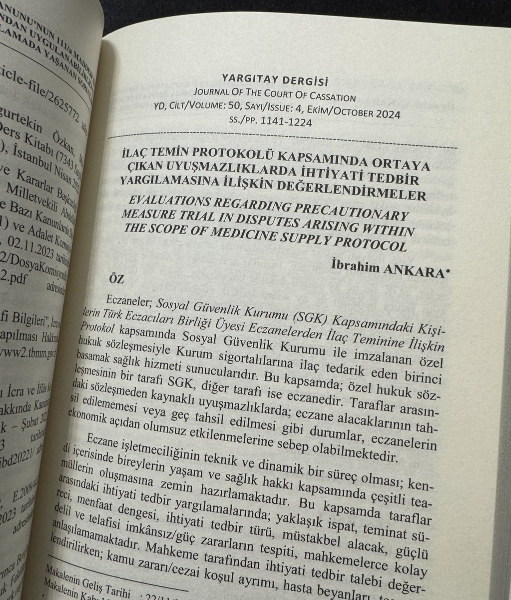 Yargıtay Dergisi’nin son sayısında “İlaç Temin Protokolü Kapsamında İhtiyati Tedbir Müessesi” konulu makalem yayınlandı.

İhtiyati tedbirde; yaklaşık ispat, teminat türü, müstakbel alacak, güçlü delil, telafisi güç zarar, kamu zararı/cezai koşul ayrımını irdelemeye aldık.