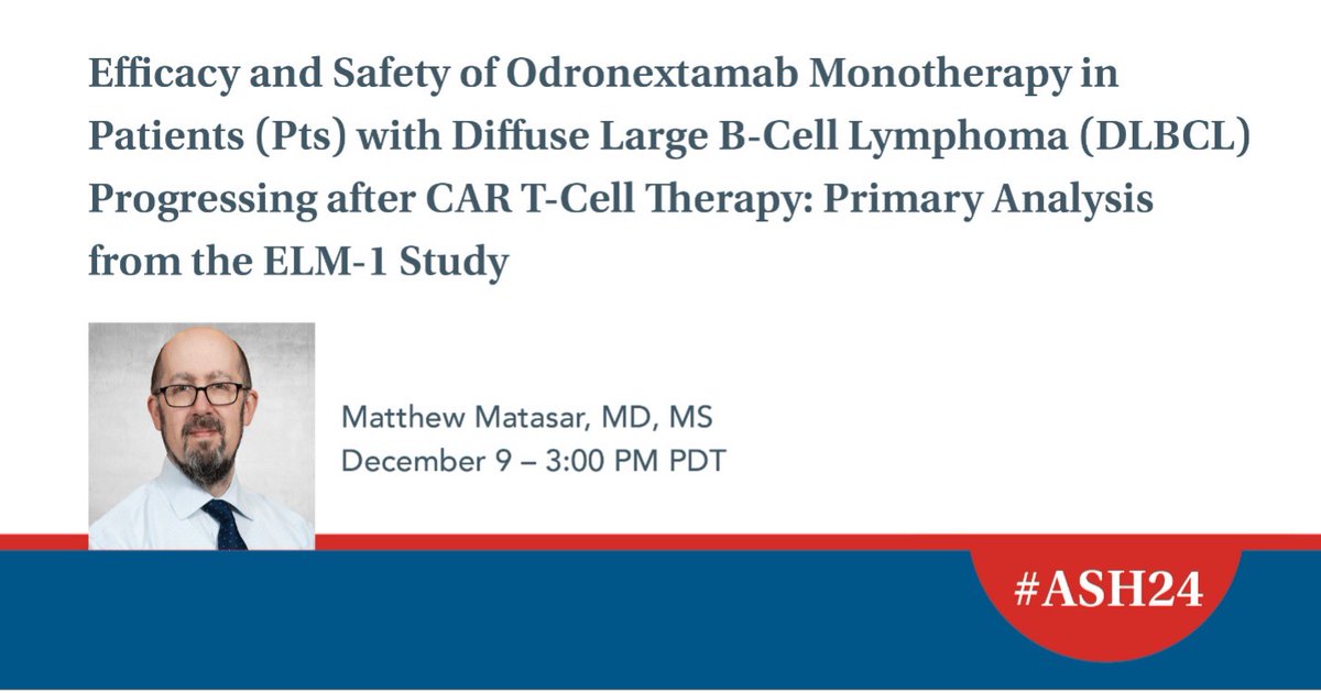 Rutgers Cancer Institute (@rutgerscancer) on Twitter photo Don’t miss <a href="/DrMatasar/">Matthew Matasar, MD</a>’s oral presentation today at #ASH24 highlighting innovative findings from the ELM-1 study on the efficacy and safety of odronextamab monotherapy for patients with relapsed/refractory #DLBCL. Learn more about the research here: bit.ly/4eR8T8I Don’t miss <a href="/DrMatasar/">Matthew Matasar, MD</a>’s oral presentation today at #ASH24 highlighting innovative findings from the ELM-1 study on the efficacy and safety of odronextamab monotherapy for patients with relapsed/refractory #DLBCL. Learn more about the research here: bit.ly/4eR8T8I