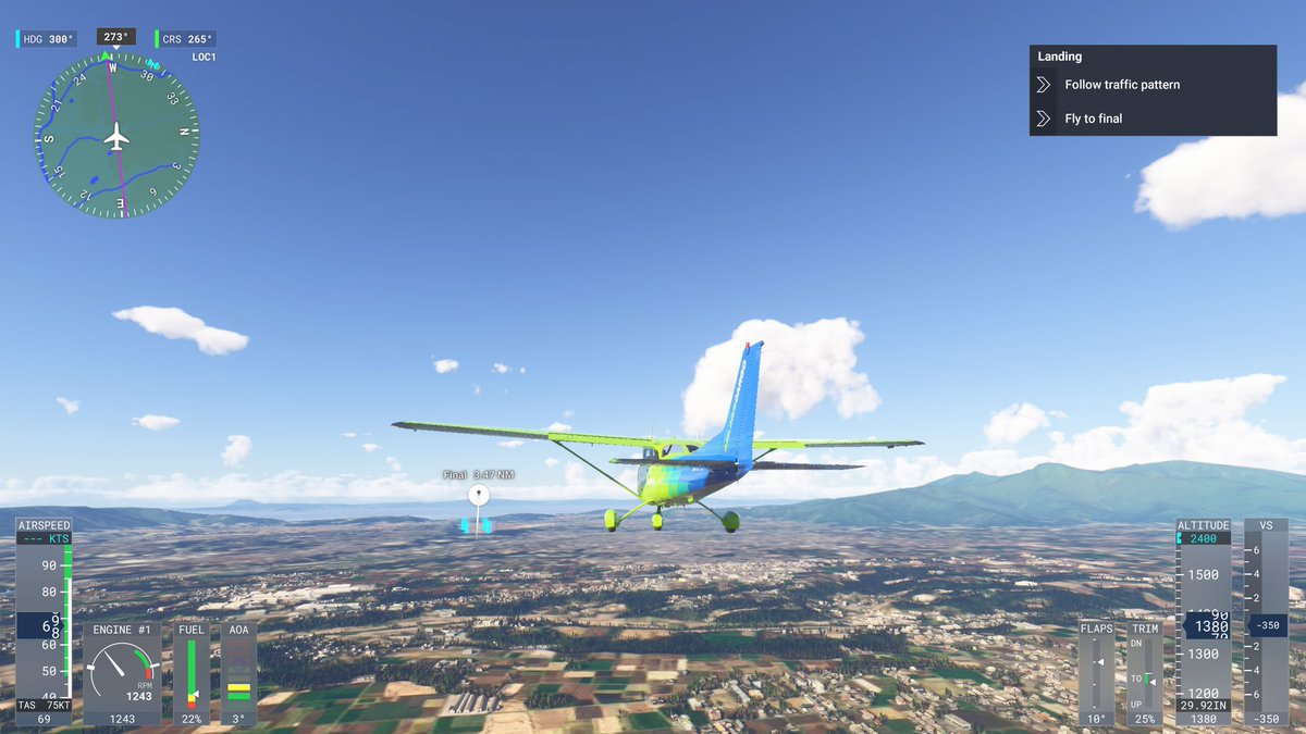 WhiteDearMonk's tweet photo. #DA62 と同じコースのミッションが #C172 で出た。
前回と同じく知覧のターンで反対に行きよったけど何とか #ILS に乗っかってまずまず良い着陸（変な挙動はあったけど
続けて #VisionJet で同じコースが出たけどまた明日
#MSFS #MSFS2024 #FS2024 #XBOX https://t.co/cZNrWp0ncQ
