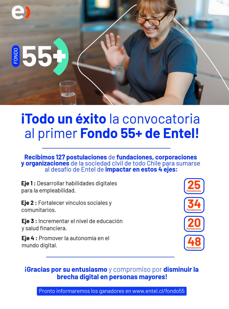 SeniorLab UC (@seniorlab_uc) on Twitter photo ¡Gracias por ser parte del Fondo 55+ de <a href="/entel/">Entel Chile</a> ! 📲 ¡Sigamos conectados y construyendo juntos un futuro donde todos tengamos un lugar!
#Fondo55más hashtag#ConectandoGeneraciones hashtag#EconomíaPlateada hashtag#InclusiónDigital ¡Gracias por ser parte del Fondo 55+ de <a href="/entel/">Entel Chile</a> ! 📲 ¡Sigamos conectados y construyendo juntos un futuro donde todos tengamos un lugar!
#Fondo55más hashtag#ConectandoGeneraciones hashtag#EconomíaPlateada hashtag#InclusiónDigital