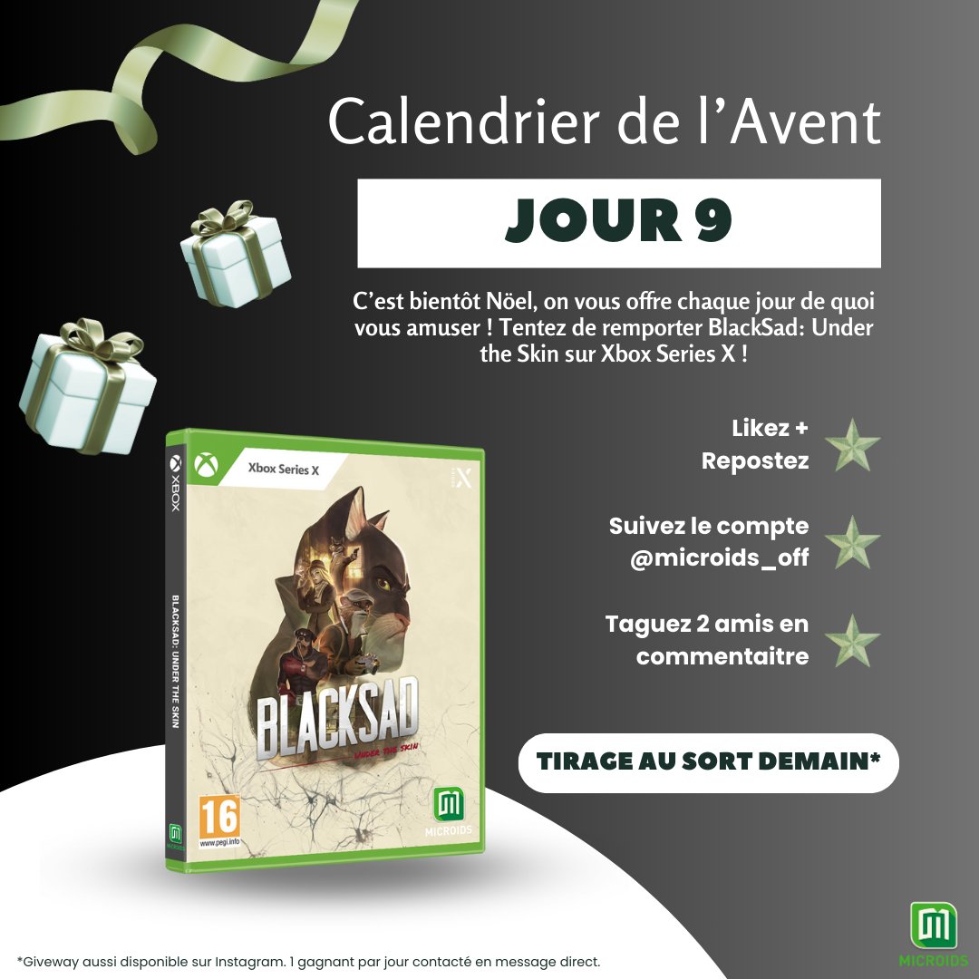 🎄 CALENDRIER DE L'AVENT 🎄 Jour 9

🎁 Aujourd'hui, tentez de gagner Blacksad: Under the Skin sur Xbox Series X.

👉🏻 Pour participer :
🔄 RT + FOLLOW <a href="/Microids_off/">Microids</a>
❤️ Likez ce post
💬 Taguez 2 amis en commentaire

#CalendrieredelAvent