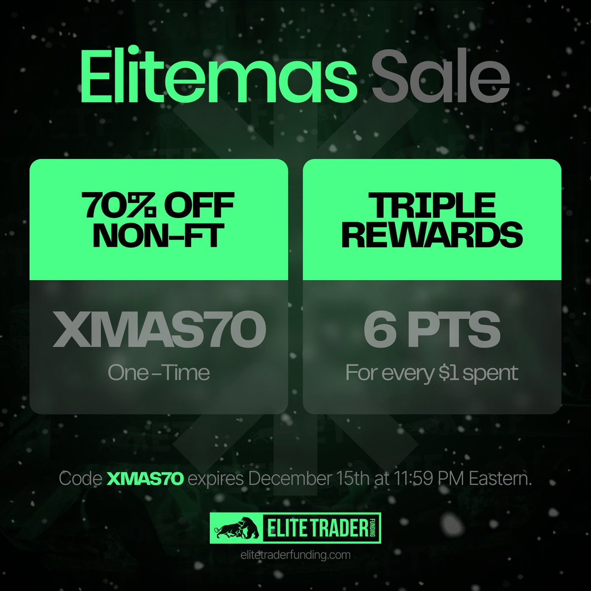 EliteTraderFund's tweet photo. ๐ ELITEMAS Week 2 KICKOFF! ๐
From Dec 9th, 9AM EST to Dec 15th, 11:59PM EST:
๐ 70% OFF Non-Fast Tracks!
๐ฐ 3X Reward Points: Earn 6pts per $1 spent!
Use code: XMAS70
๐ https://t.co/XG5nAtGOOs
#EliteTraderFunding #ELITEMAS https://t.co/K8gQ1TVfKB