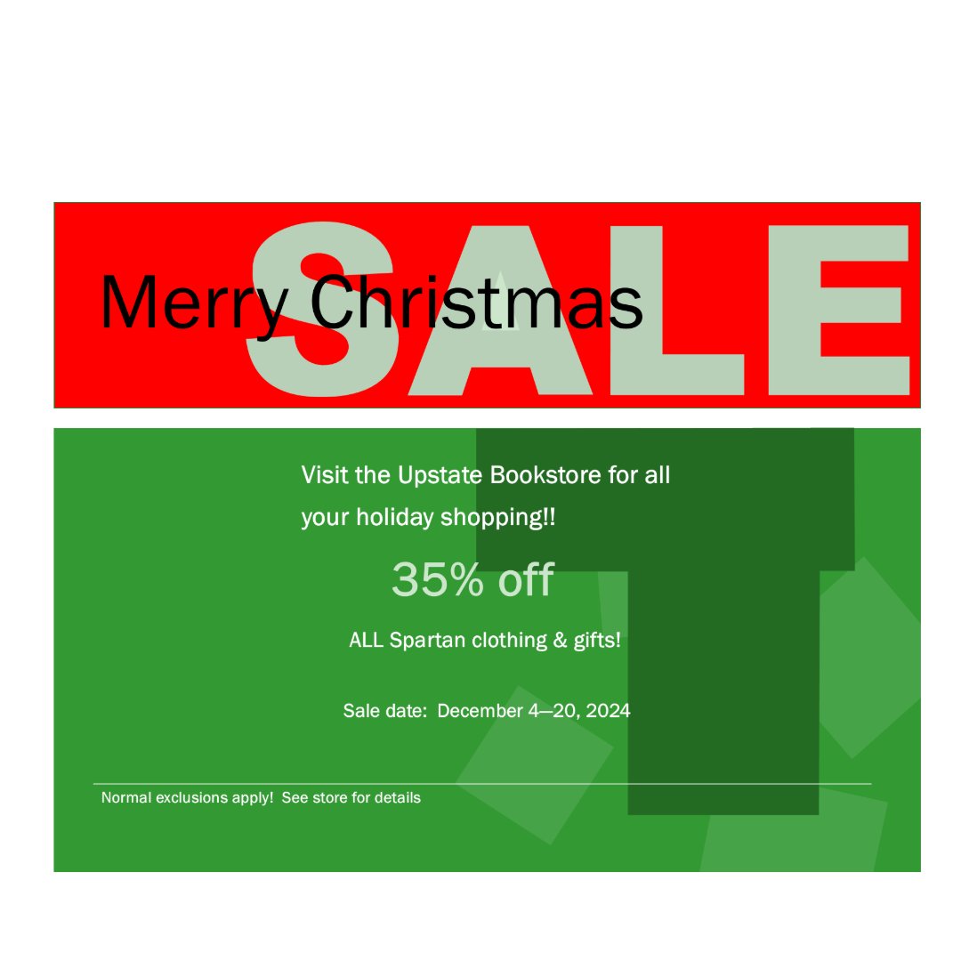 UPSTATEBOOKSTOR's tweet photo. 🎅🎁 Santa is coming soon!

Be sure to come get your Spartan Gear just in time for the holidays! From t-shirts to hats and everything in between, we've got you covered for the perfect gift. 🎄

#SpartanGear #HolidayShopping #SantaIsComing https://t.co/nf3uJqBcss