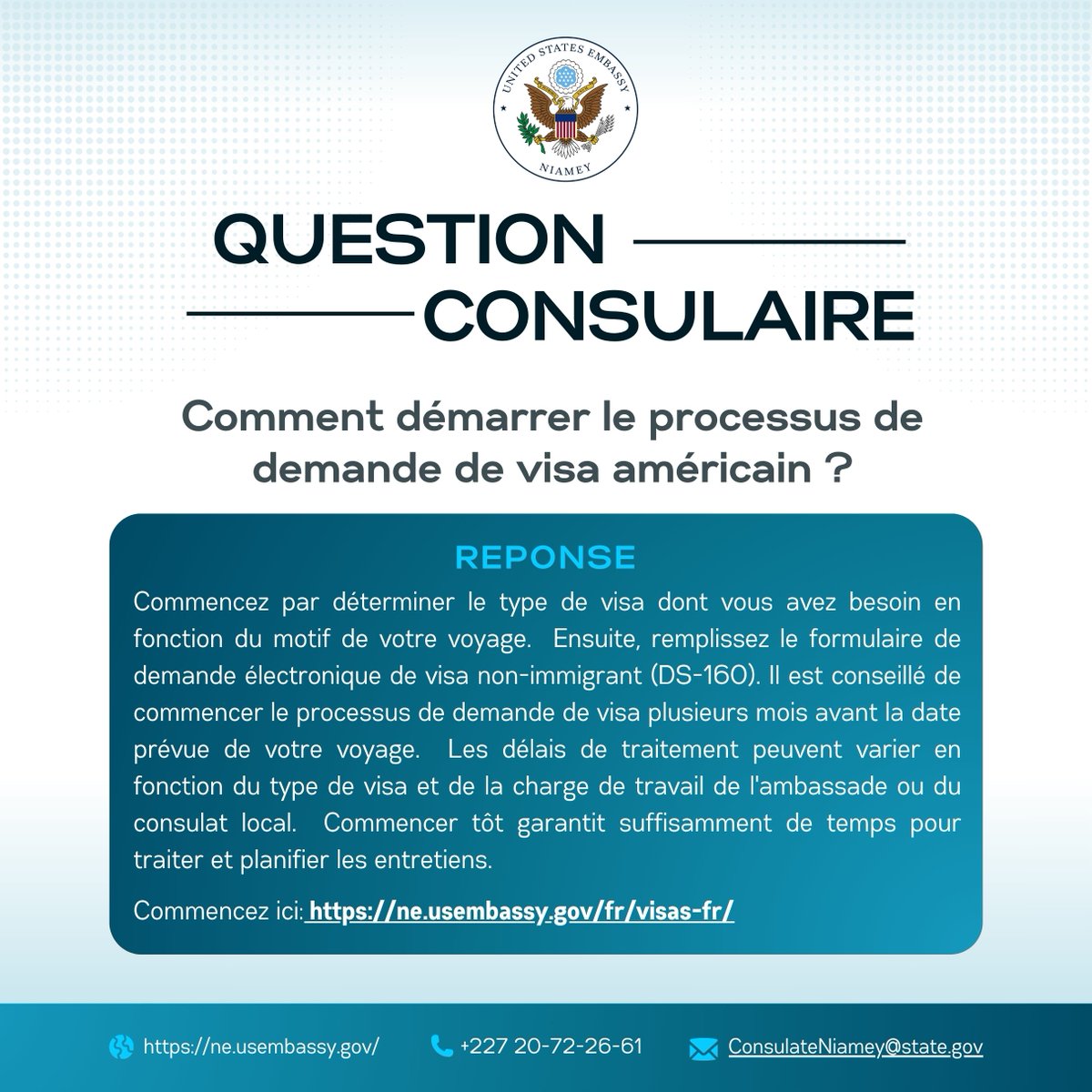 Wondering how to start your U.S. visa application? 

Check our website for details and additional resources: ne.usembassy.gov/fr/visas-fr/ 

---

Vous vous demandez comment faire votre demande de visa pour les États-Unis ? 

Consultez notre site pour plus de détails :