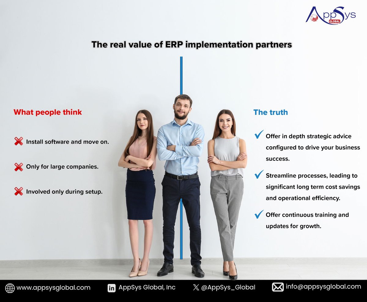 AppSys_Global's tweet photo. Busting myths about ERP implementation partners! They're not just here to install and go. Providing strategic advice, long-term cost savings, and continuous growth opportunities, they're integral to any sized business' success. 
#ERP #BusinessGrowth 
https://t.co/tmiZsWh5tr https://t.co/UQPl2PGqrQ