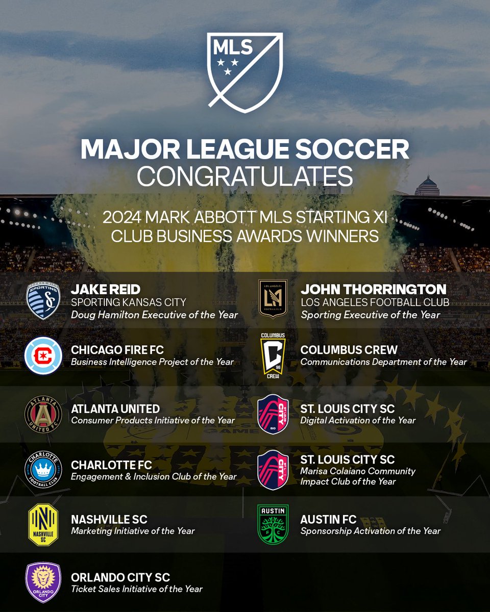 MLS Communications (@mls_pr) on Twitter photo Congratulations to each of the 2024 Mark Abbott <a href="/MLS/">Major League Soccer</a> Starting XI Club Business Awards Winners, which recognizes clubs and executives for outstanding contributions throughout the 2024 season. Congratulations to each of the 2024 Mark Abbott <a href="/MLS/">Major League Soccer</a> Starting XI Club Business Awards Winners, which recognizes clubs and executives for outstanding contributions throughout the 2024 season.