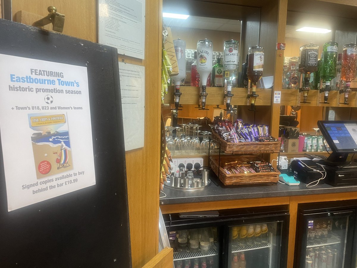 FishChipsFooty's tweet photo. Copies of Fish, Chips &amp; Football are now available behind the bar #saffrons #sportsclub Read all about @eastbournetfc famous run to clinch promotion to @IsthmianLeague plus @ETFCWomen the U23s and the U18s. #support #nonleague #football #local #eastbourne @TheSCFL signed copies https://t.co/f9AwAQC7KY