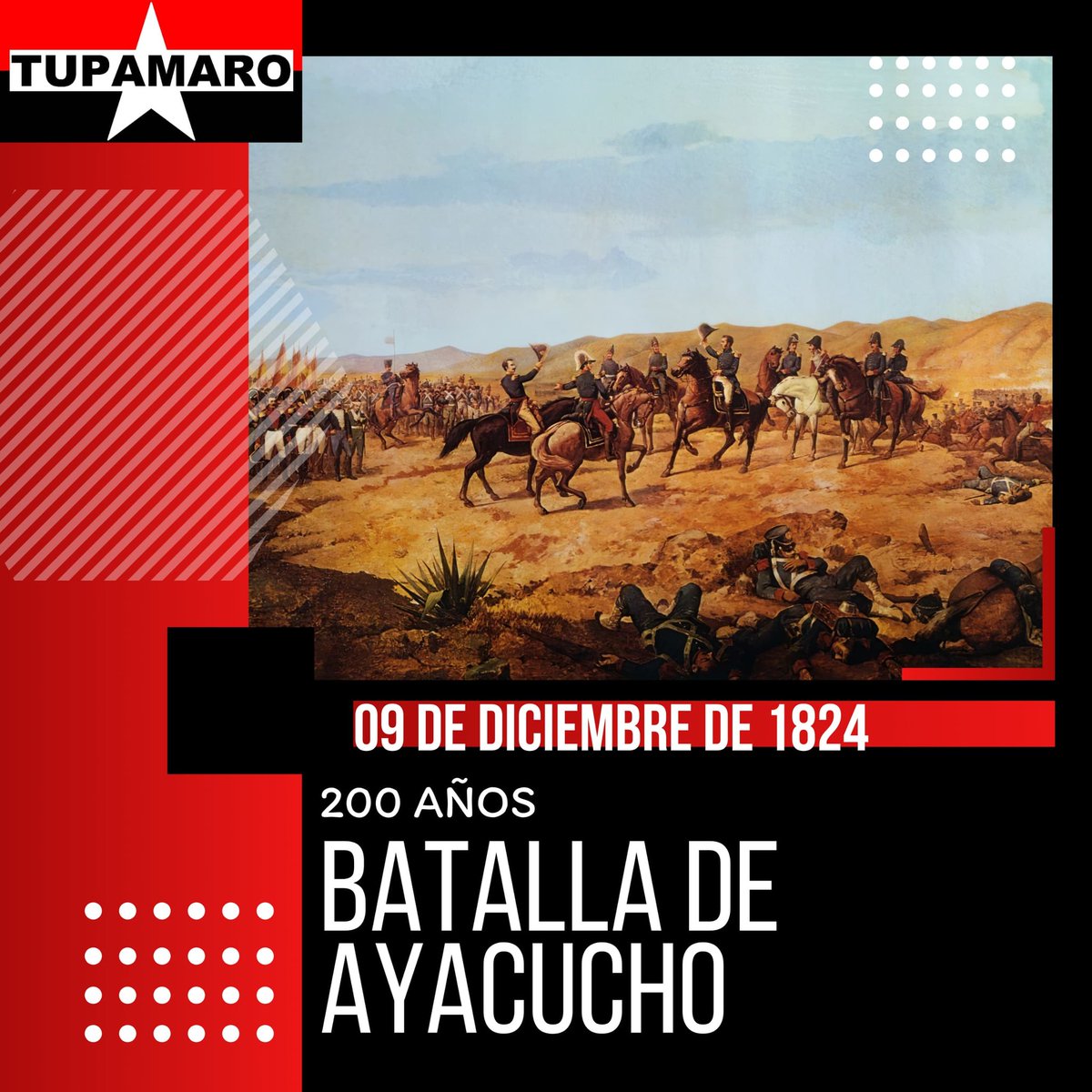 mrtpapelon1's tweet photo. Un 09 de diciembre de 1824, hace 200 años, la Pampa de Quinua en Perú, fue testigo de la Batalla de Ayacucho, en la que el Ejército Libertador, al mando del General Antonio José de Sucre, desterró para siempre al imperio español.
#TupamaroEjemploDeLucha https://t.co/yMh37IRo2I