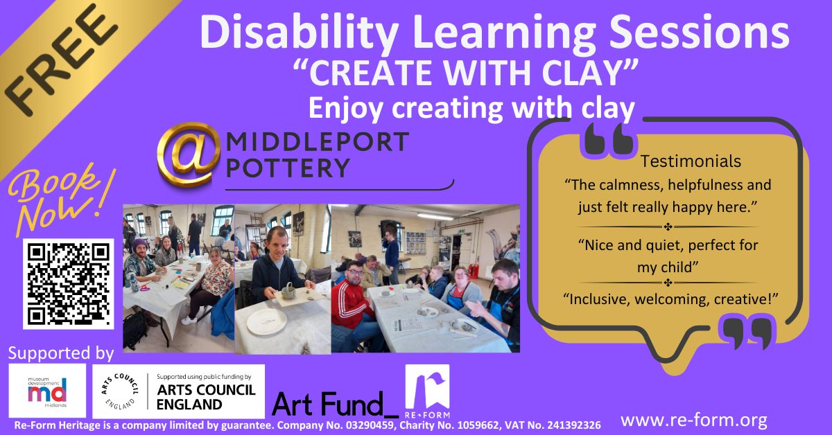 LIMITED SPACES LEFT!
27TH DECEMBER, 31ST JANUARY '25 and 1ST, 2ND &amp; 3RD FEBRUARY '25
CREATE WITH CLAY - Disability Learning Sessions
Time: 10.30am to 2.30pm
Tickets - FREE
Thanks to funding from our partners, Museum Development Midlands, Art Fund and Arts Council England we are