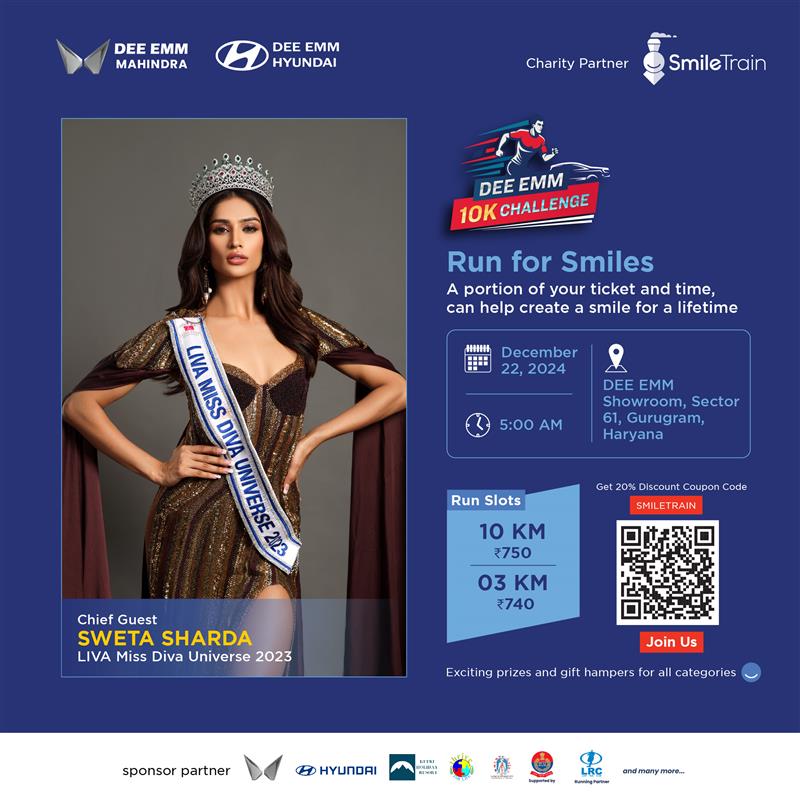 We’re thrilled to announce Sweta Sharda, LIVA Miss Diva Universe 2023, as the Chief Guest of the DEE EMM 10K Challenge! 👑

Sign up today and join Sweta and Smile Train on December 22, 2024, at the DEE EMM Showroom, Sector 61, Gurugram, as we run for miles to create smiles. 🏃
