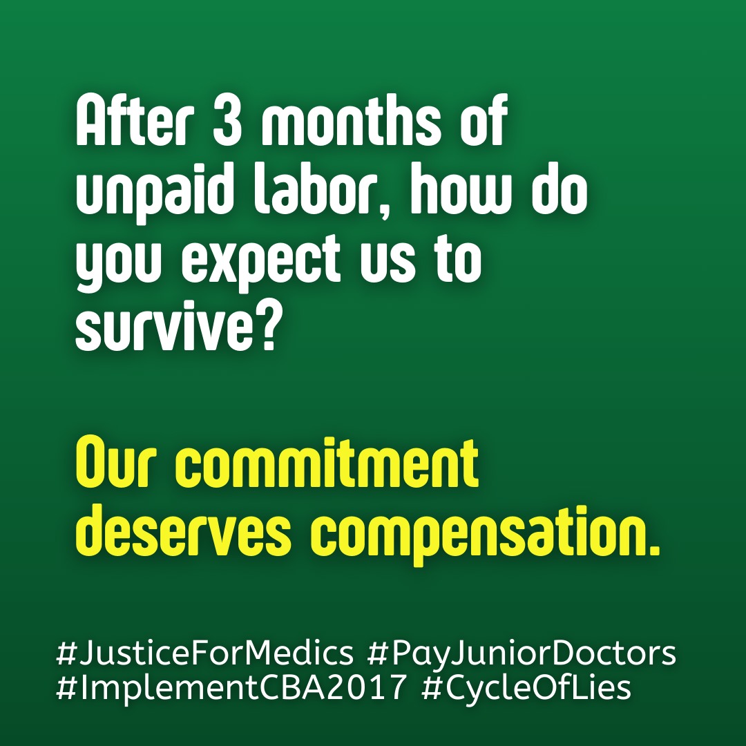 How will we survive when we go for months on end without pay? 

Keep in mind that we don't have time for any other income-generating activity. 

#OccupyMOH 
#PayMedicalInterns 
#implementcba2017