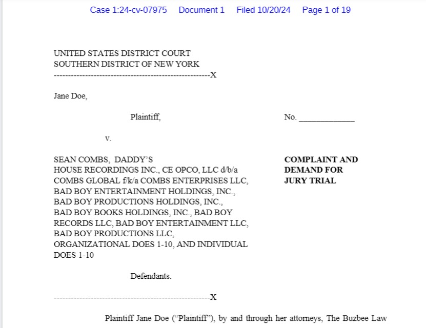 so the timeline is

October 20, 2024 - diddy lawsuit by buzbee. (19 pages)

It says Diddy and 'Male Celebrity A' raped her while 'Female Celebrity B' watched, but 'Celebrity A' and 'Celebrity B' weren’t named or sued in the original lawsuit filing.