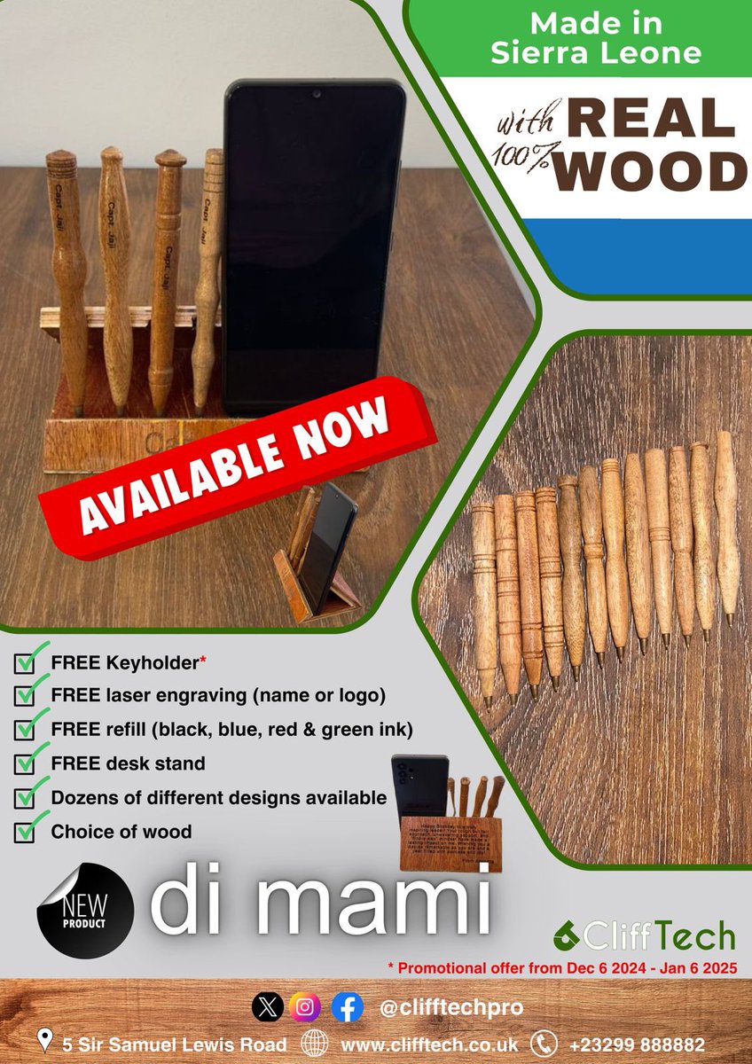 Red1Rider_'s tweet image. Compliments of the season 🎄🎄

The wait is over! Introducing our wooden pens &amp;amp; stand  with a timeless and functional design. Made in Sierra Leone with real wood. Ready to change the game? ✨ 🚀Get yours now! #LocalContent from @CliffTechPro #SaloneX #SaloneTwitter