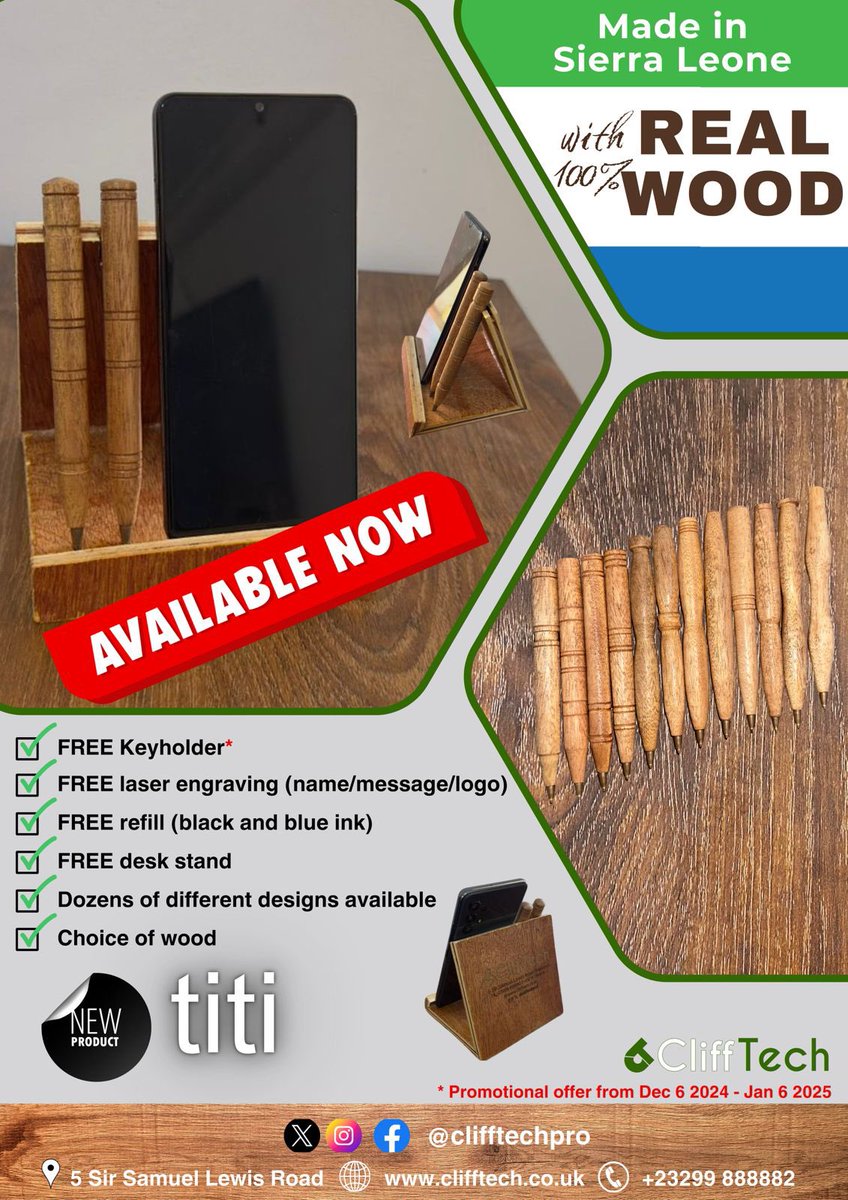 Red1Rider_'s tweet image. Compliments of the season 🎄🎄

The wait is over! Introducing our wooden pens &amp;amp; stand  with a timeless and functional design. Made in Sierra Leone with real wood. Ready to change the game? ✨ 🚀Get yours now! #LocalContent from @CliffTechPro #SaloneX #SaloneTwitter