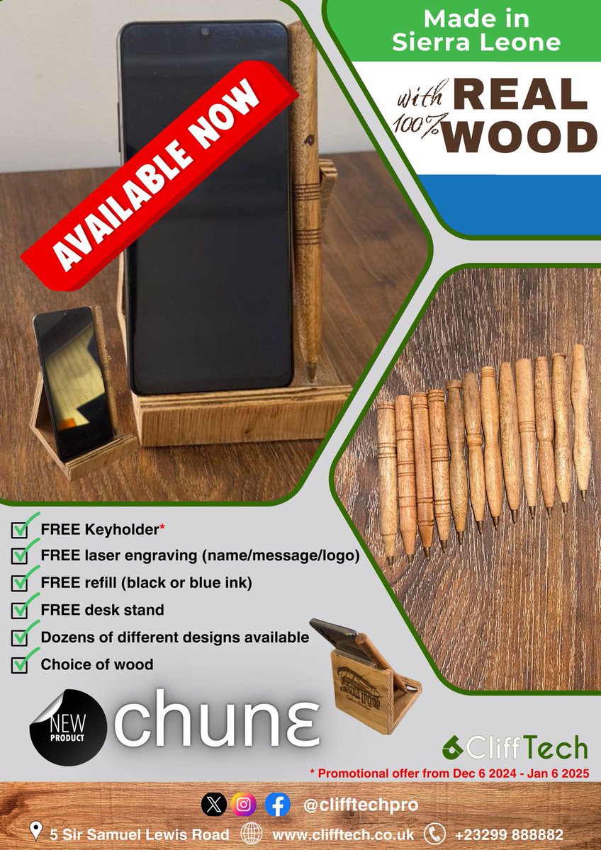Red1Rider_'s tweet image. Compliments of the season 🎄🎄

The wait is over! Introducing our wooden pens &amp;amp; stand  with a timeless and functional design. Made in Sierra Leone with real wood. Ready to change the game? ✨ 🚀Get yours now! #LocalContent from @CliffTechPro #SaloneX #SaloneTwitter