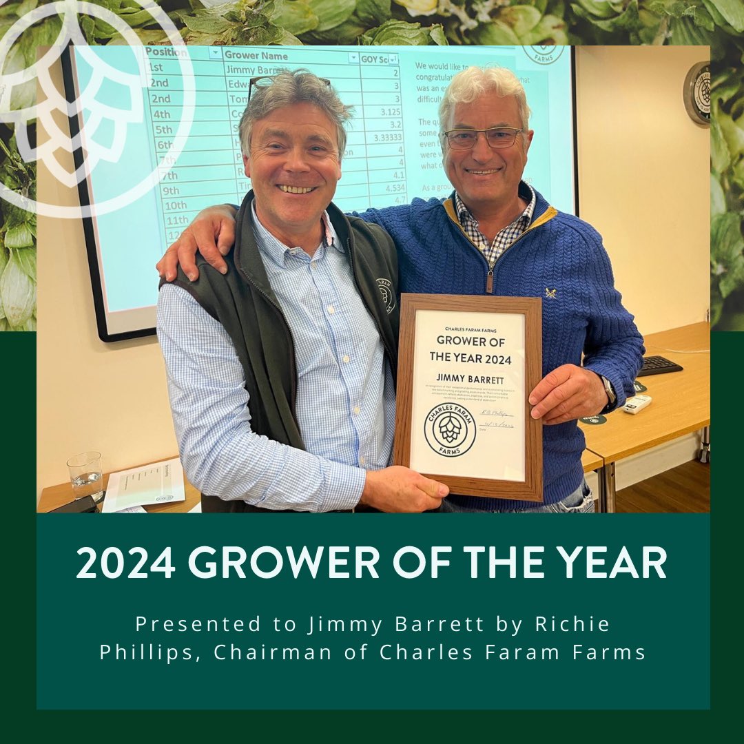 🌿 Big congratulations to Jimmy Barrett, the 2024 Charles Faram Farms Grower of the Year!
 
Presented by Richie Phillips, Chairman of Charles Faram Farms, this award honours Jimmy’s top scores across all hop varieties, with his consistency in cleanliness, drying, and picking