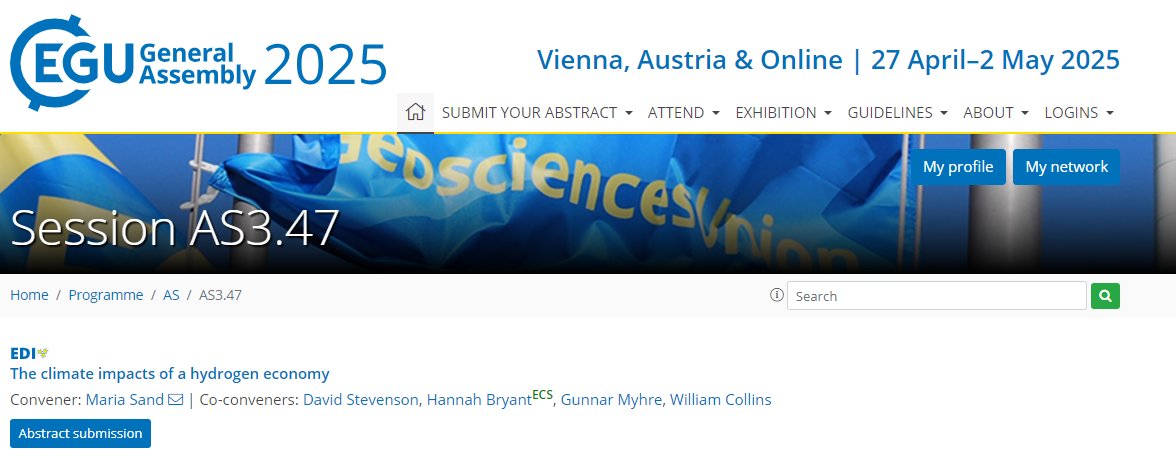 HYwayHorizon (@hywayhorizon) on Twitter photo Call for abstracts for our #EGU25 session:
The climate impact of a #hydrogen economy
Convened by <a href="/MariaSandkorn/">Maria Sand</a> <a href="/gunnarmy/">Gunnar Myhre</a> David Stevenson, Hannah Bryant & Bill Collins
Find out more and submit your abstract by 15 Jan: meetingorganizer.copernicus.org/EGU25/session/…
#HYwayHorizon Call for abstracts for our #EGU25 session:
The climate impact of a #hydrogen economy
Convened by <a href="/MariaSandkorn/">Maria Sand</a> <a href="/gunnarmy/">Gunnar Myhre</a> David Stevenson, Hannah Bryant & Bill Collins
Find out more and submit your abstract by 15 Jan: meetingorganizer.copernicus.org/EGU25/session/…
#HYwayHorizon