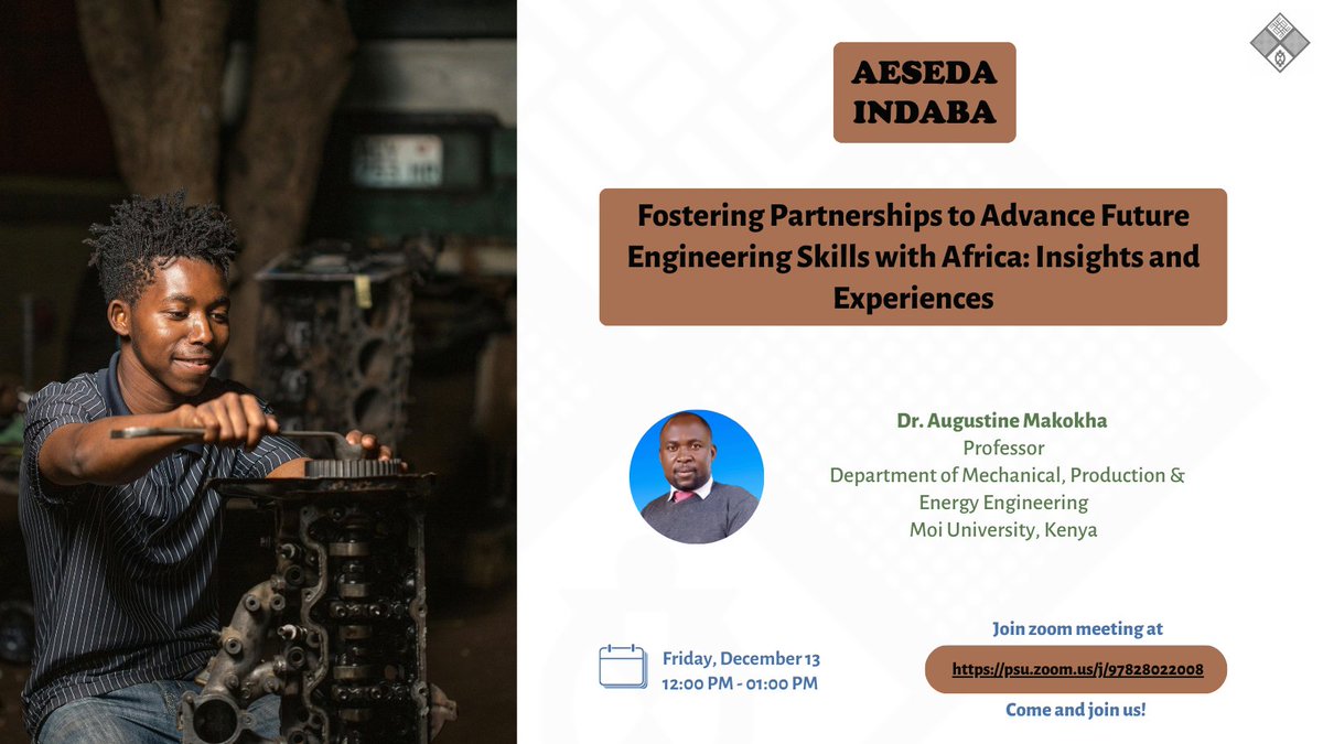 Aeseda Penn State (@aeseda_psu) on Twitter photo ๐ Join us for the AESEDA Indaba with Dr. Augustine Makokha, from <a href="/MoiUniversity_/">Moi University</a> on Dec 13, 12-1 PM (ET)!
Discover insights on advancing future engineering skills in Africa. ๐ท
๐ท psu.zoom.us/j/97828022008
๐ท Save the Date!
#EngineeringAfrica #EducationPartnerships ๐ Join us for the AESEDA Indaba with Dr. Augustine Makokha, from <a href="/MoiUniversity_/">Moi University</a> on Dec 13, 12-1 PM (ET)!
Discover insights on advancing future engineering skills in Africa. ๐ท
๐ท psu.zoom.us/j/97828022008
๐ท Save the Date!
#EngineeringAfrica #EducationPartnerships