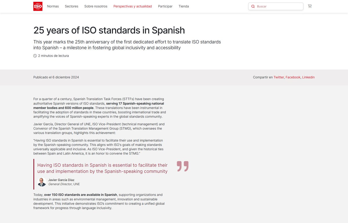 🔴  Nuestro agradecimiento a <a href="/isostandards/">ISO</a> por su apoyo en la difusión del 2️⃣5️⃣ aniversario de la creación del primer grupo de traducción de #normasISO al español.
 
🗣️  <a href="/jgarcia_javier/">Javier GARCIA</a>, director general #UNE, vicepresidente #ISO y director del grupo que coordina todos los