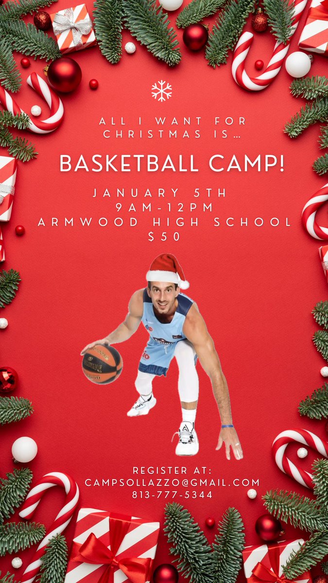 This year for Christmas, gift your child with the opportunity to build their basketball skills while having fun at Camp Sollazzo! 🎄🎁🏀

Sunday, January 5th
9am - 12pm
Armwood High School 
$50

Dm to register &amp; save a spot!