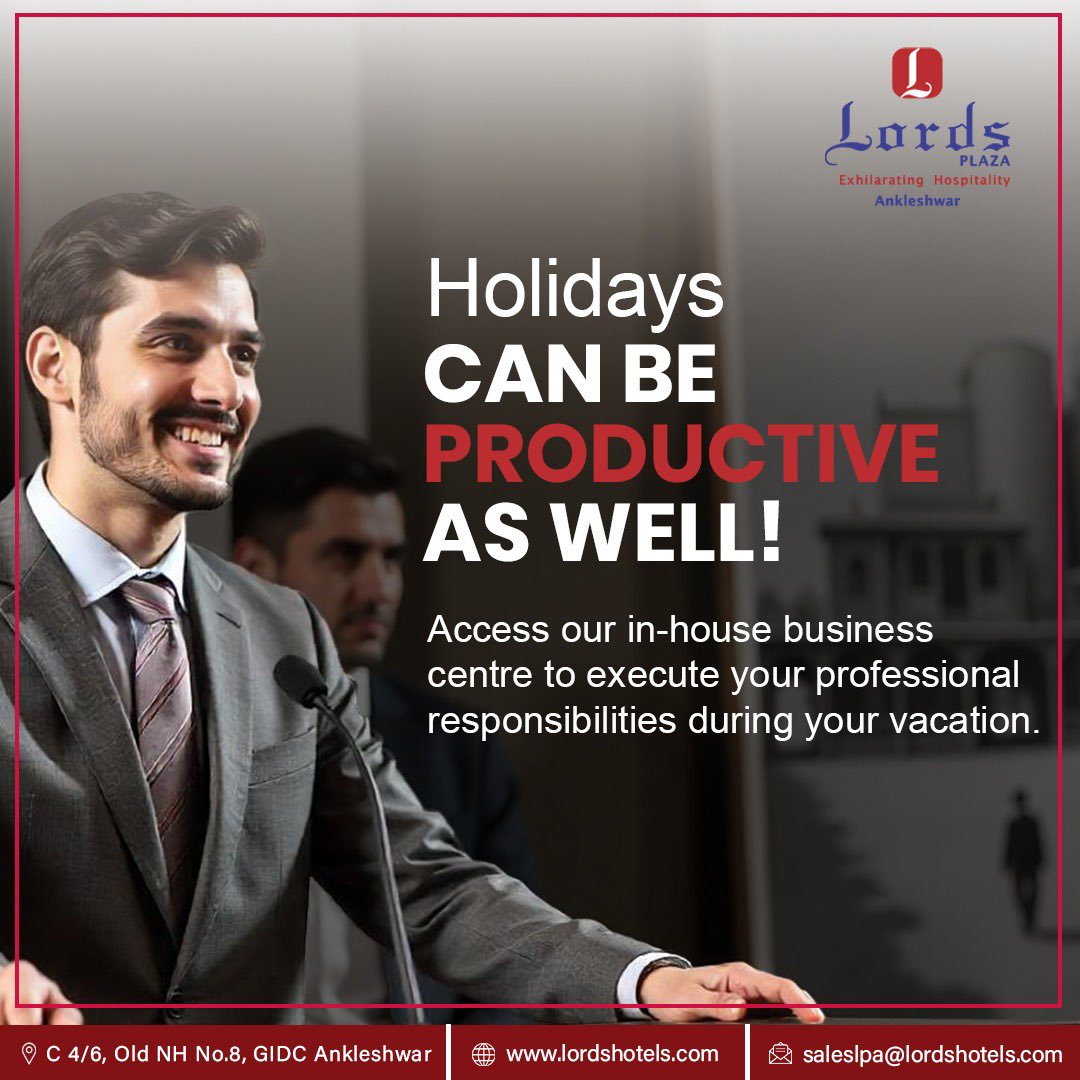 LordsAnkleshwar's tweet photo. Productivity Meets Paradise 

Don't let your vacation hinder your work commitments. At Lords Plaza Ankleshwar, you can seamlessly blend leisure and business. 

Our in-house business center provides the perfect workspace to stay connected and productive.

#lordshotelsandresorts https://t.co/Tpak1lz8QJ